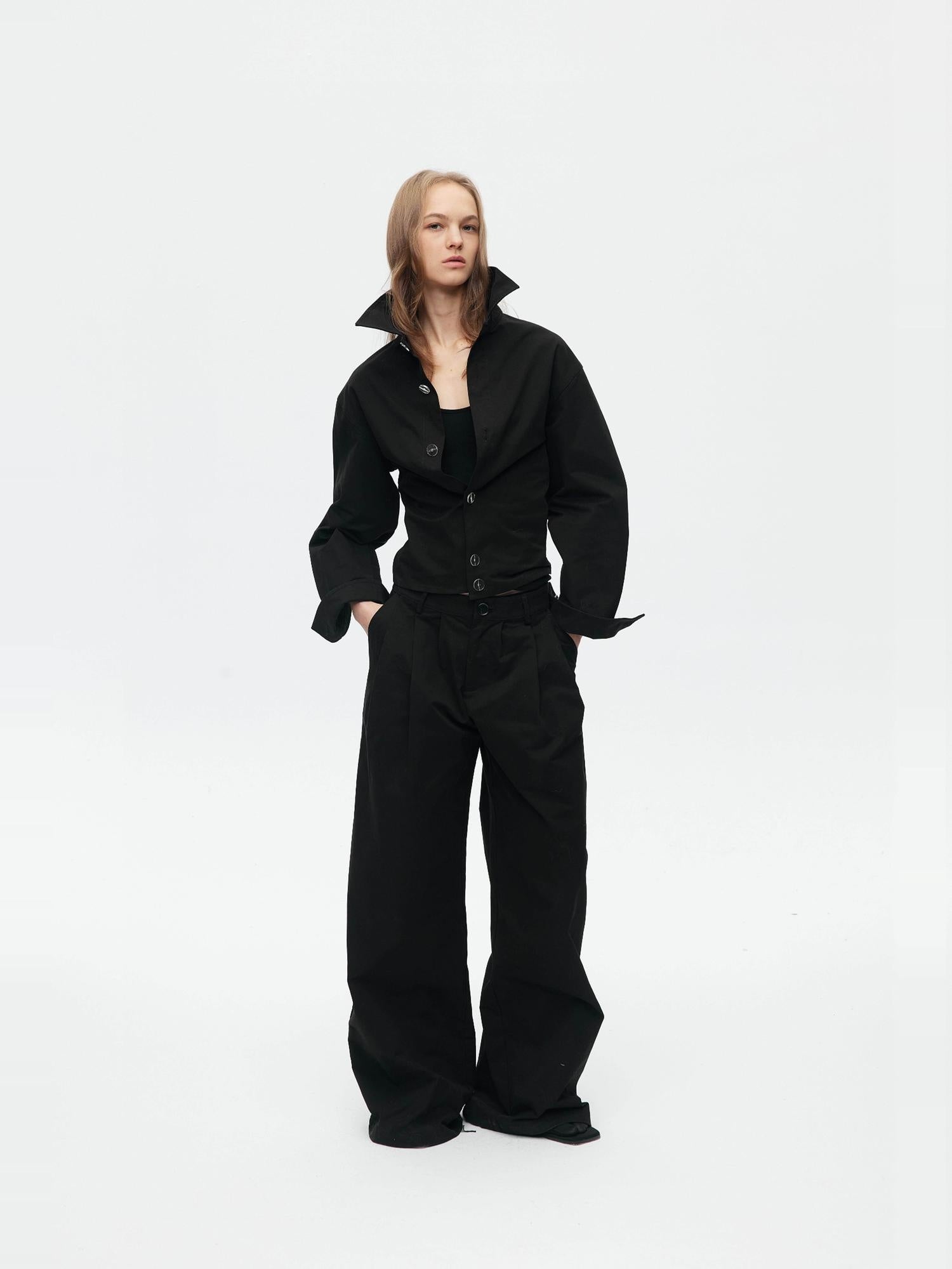 BUZHOU Slim Waist Cinch Stand Collar Crop Cotton Pleated Black Top & Pants Sets