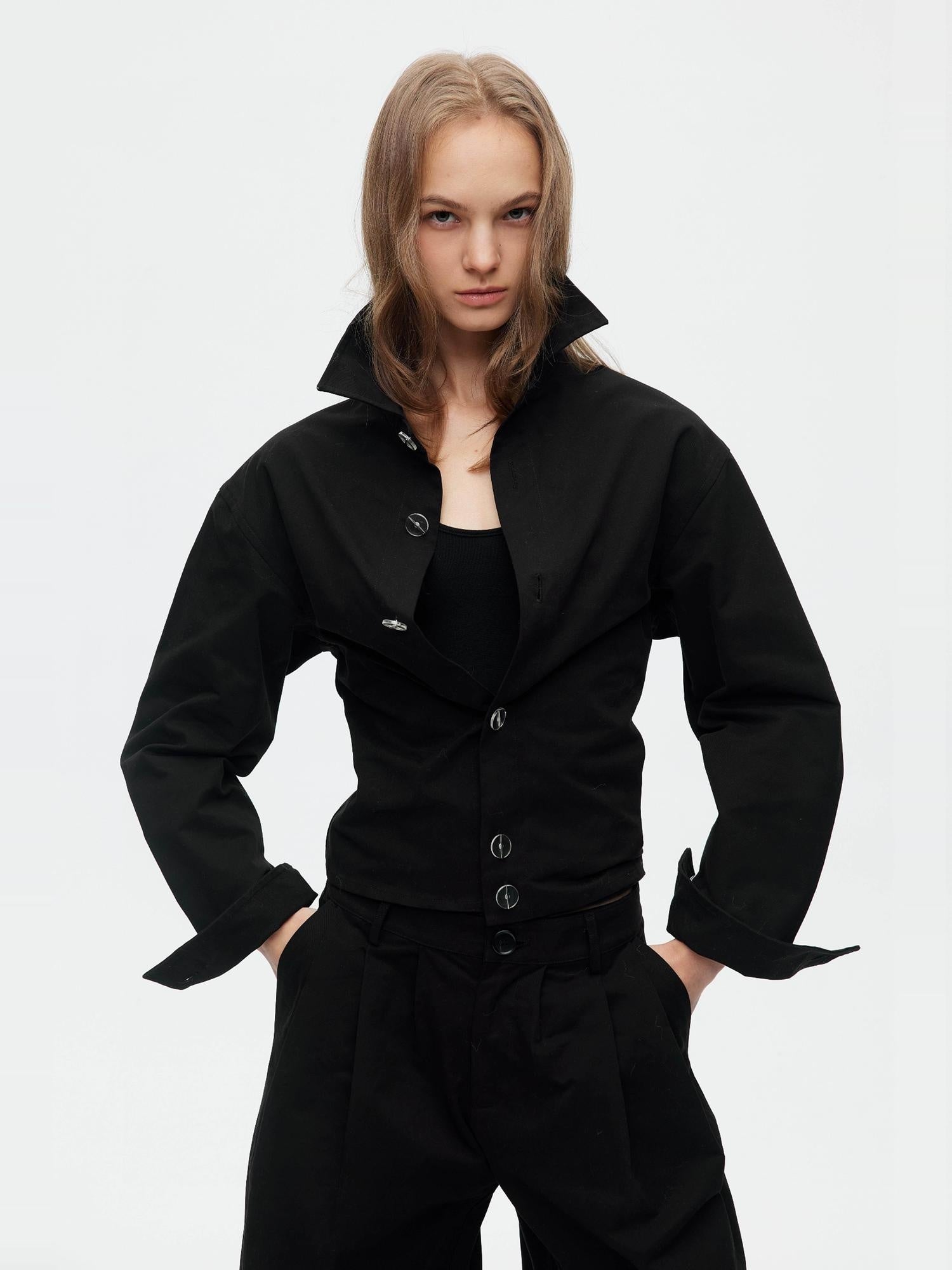 BUZHOU Slim Waist Cinch Stand Collar Crop Cotton Pleated Black Top & Pants Sets