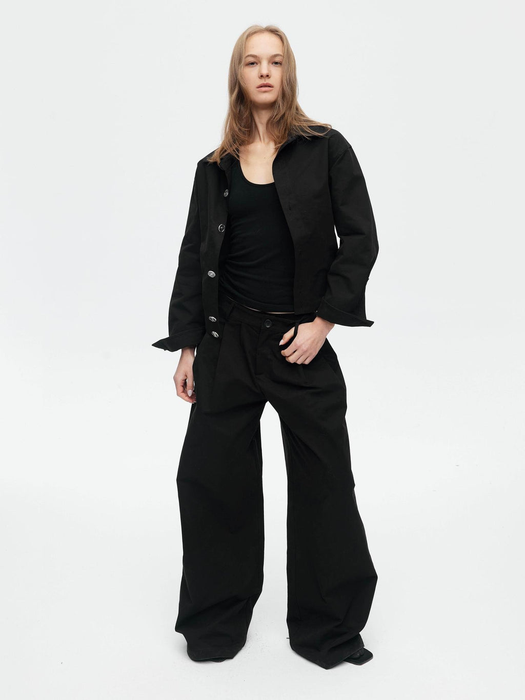 BUZHOU Slim Waist Cinch Stand Collar Crop Cotton Pleated Black Top & Pants Sets