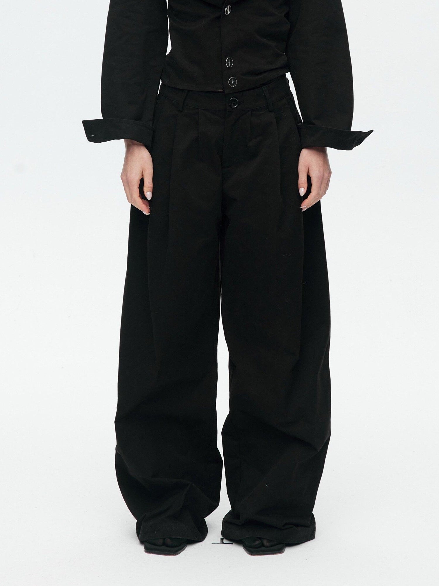 BUZHOU Slim Waist Cinch Stand Collar Crop Cotton Pleated Black Top & Pants Sets