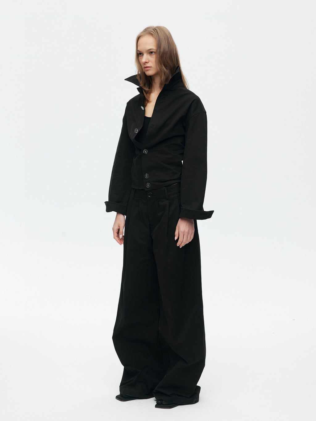 BUZHOU Slim Waist Cinch Stand Collar Crop Cotton Pleated Black Top & Pants Sets