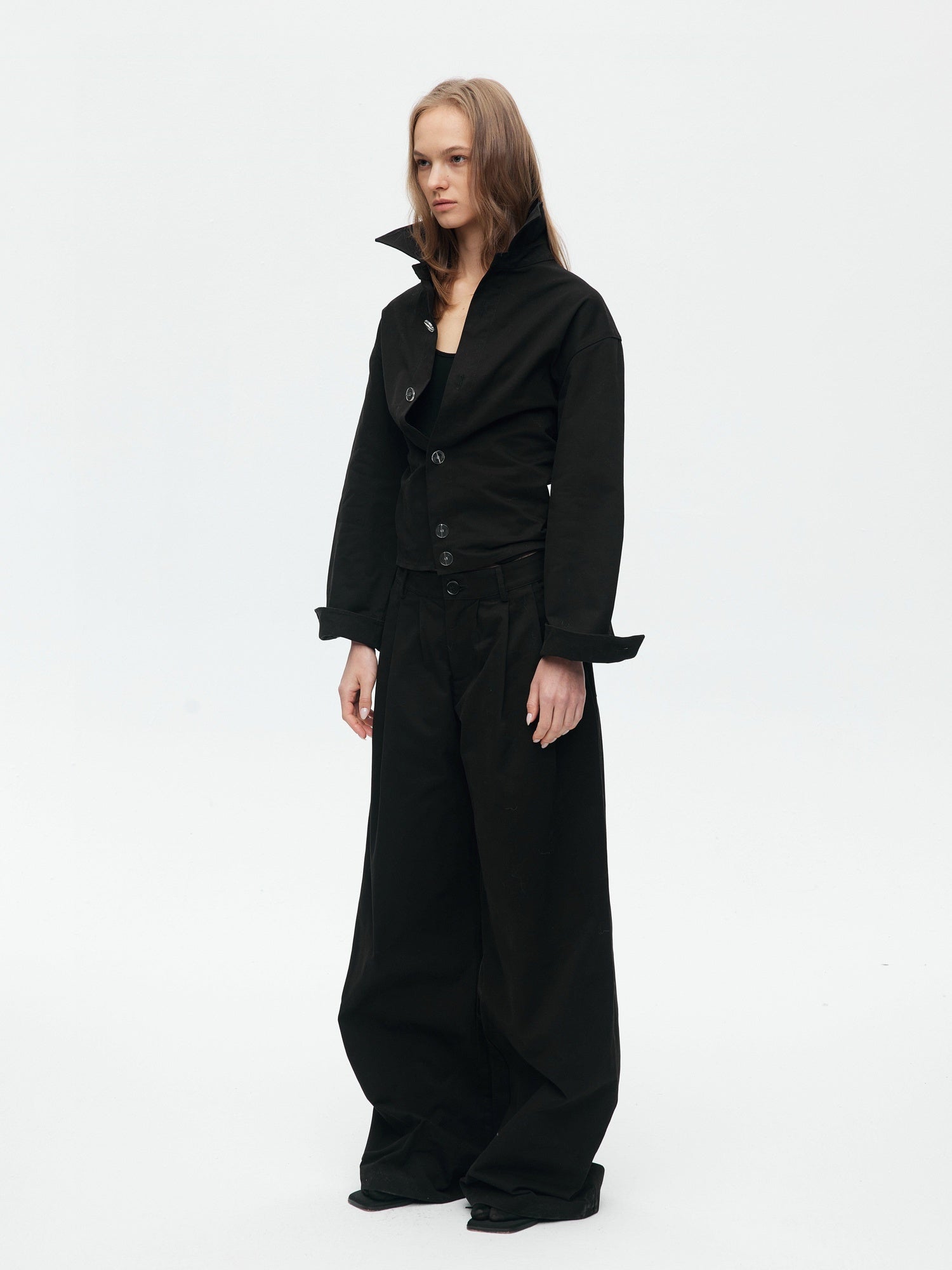 BUZHOU Slim Waist Cinch Stand Collar Crop Cotton Pleated Black Top & Pants Sets