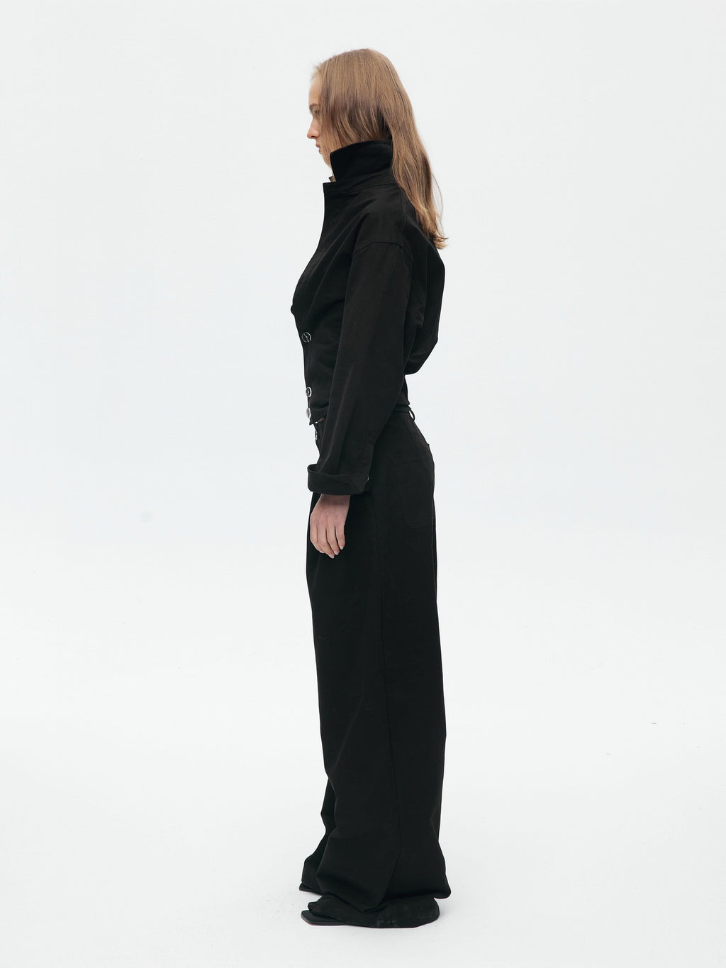BUZHOU Slim Waist Cinch Stand Collar Crop Cotton Pleated Black Top & Pants Sets