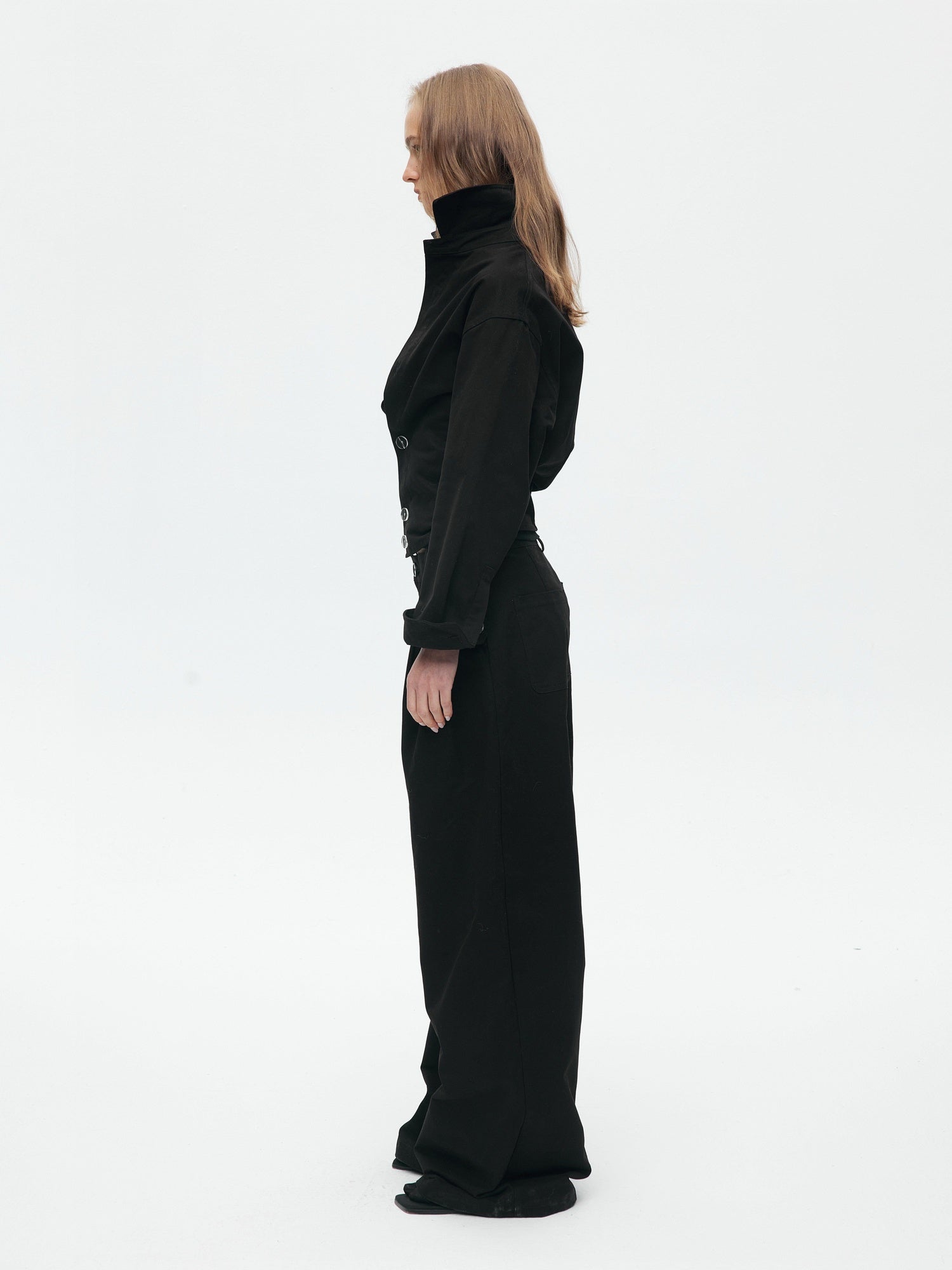 BUZHOU Slim Waist Cinch Stand Collar Crop Cotton Pleated Black Top & Pants Sets
