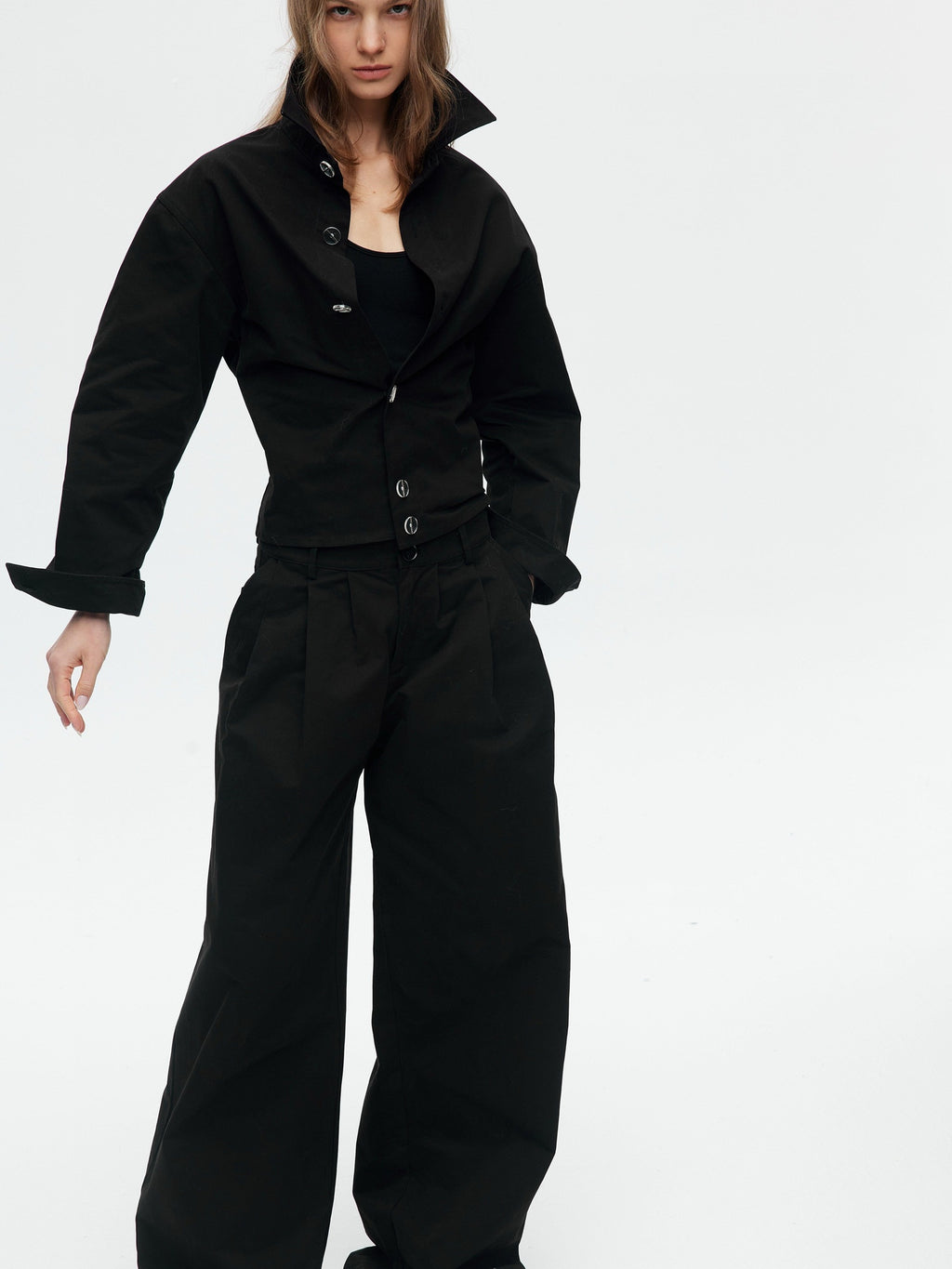 BUZHOU Slim Waist Cinch Stand Collar Crop Cotton Pleated Black Top & Pants Sets