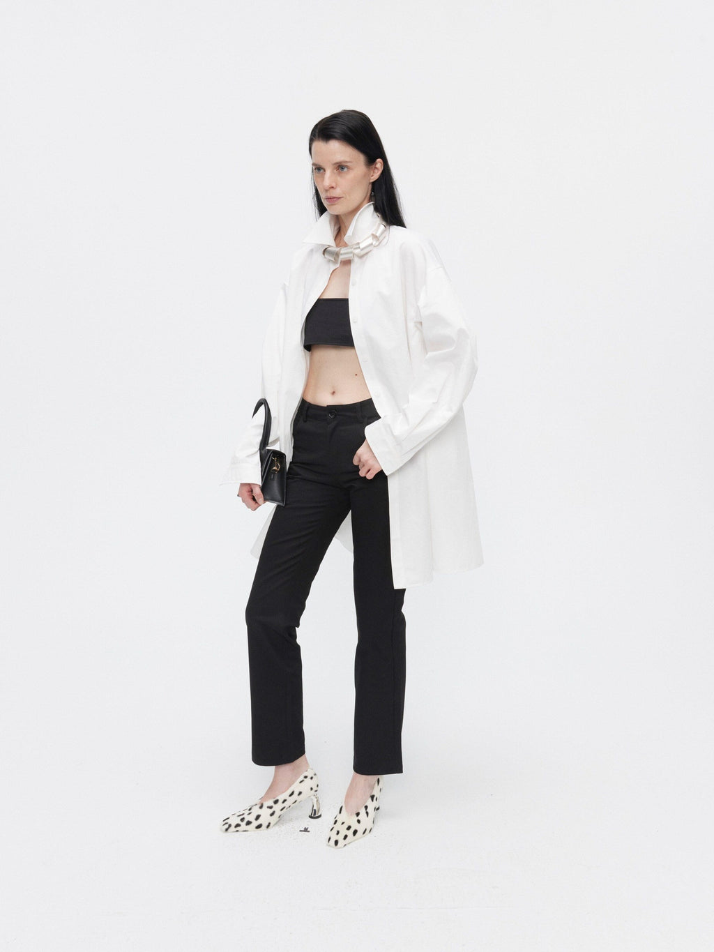 BUZHOU Slimming Minimal Loose Fit Longline Collared Cotton Blend Unisex White Shirts