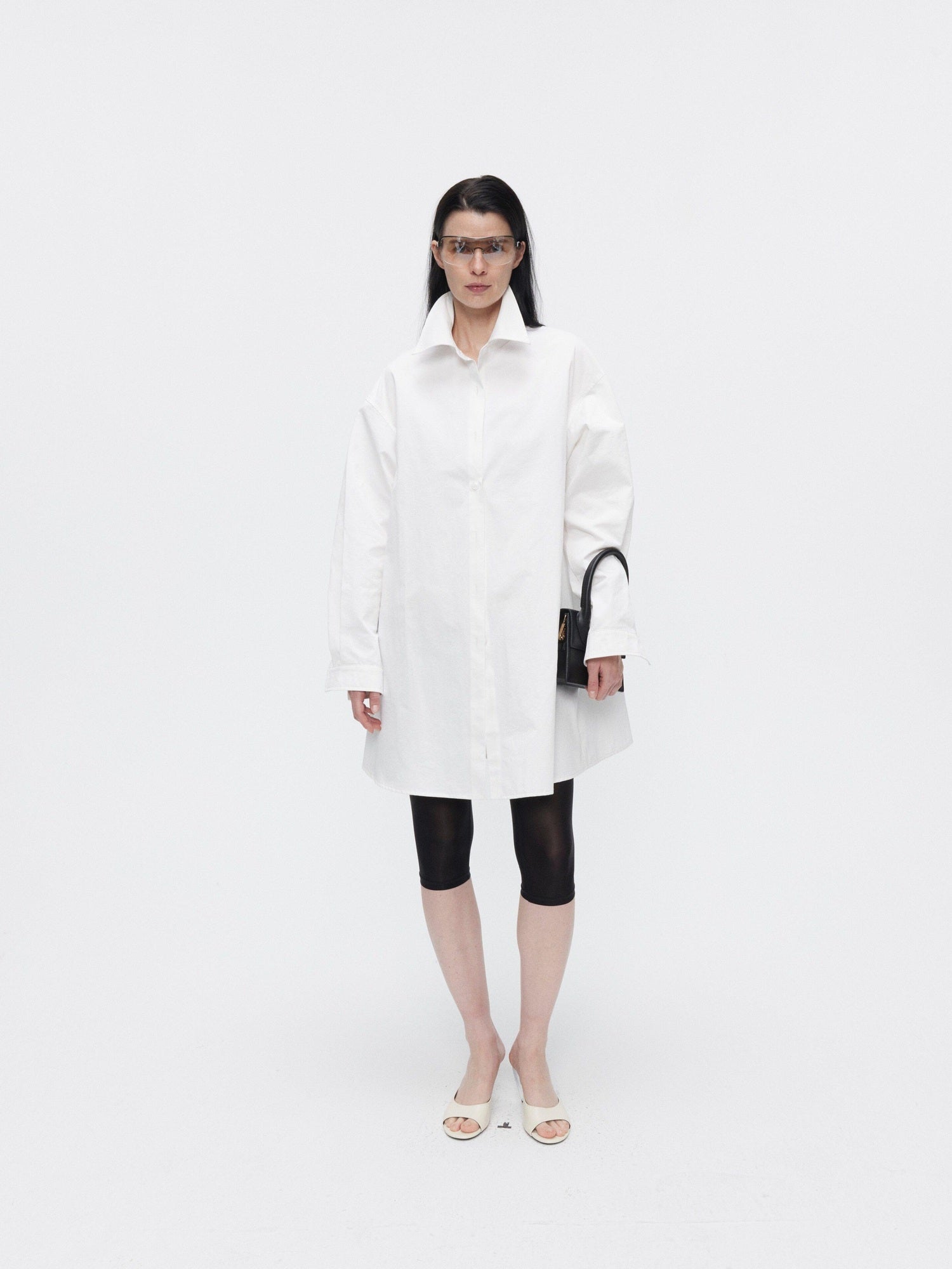 BUZHOU Slimming Minimal Loose Fit Longline Collared Cotton Blend Unisex White Shirts