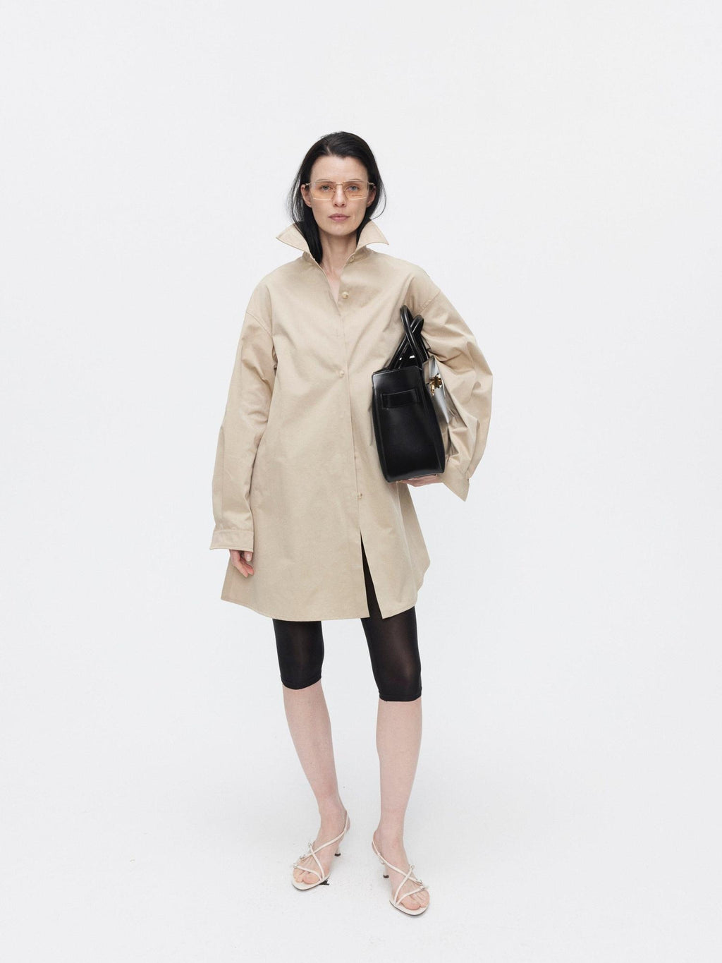 BUZHOU Slimming Minimalist Oversized Stand Collar Cotton Blend Khaki Long Women Shirts