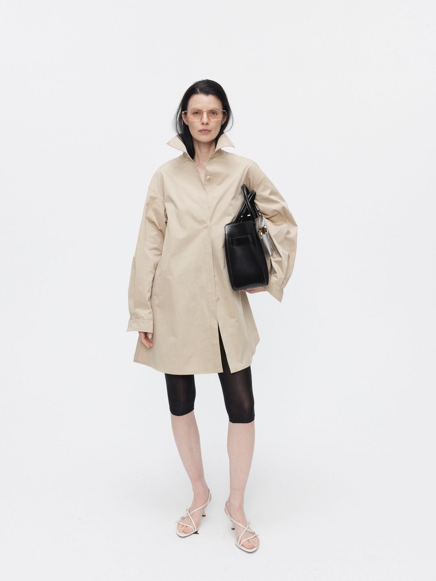 BUZHOU Slimming Minimalist Oversized Stand Collar Cotton Blend Khaki Long Women Shirts