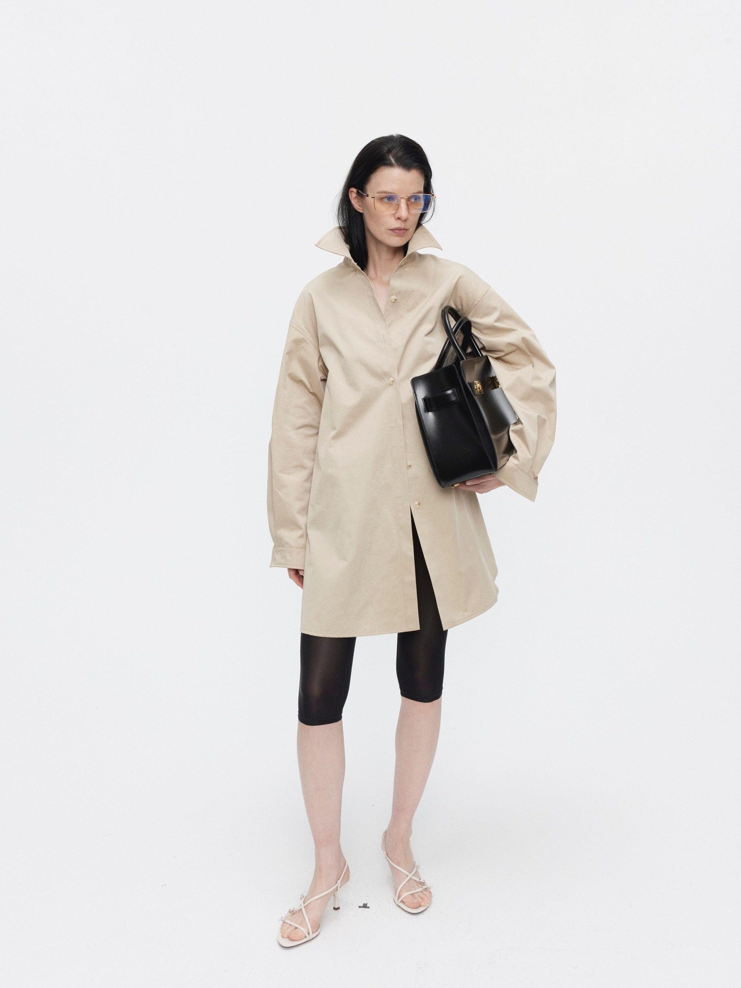BUZHOU Slimming Minimalist Oversized Stand Collar Cotton Blend Khaki Long Women Shirts