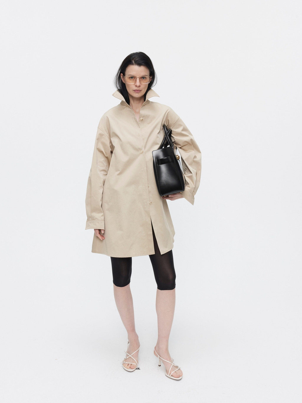 BUZHOU Slimming Minimalist Oversized Stand Collar Cotton Blend Khaki Long Women Shirts