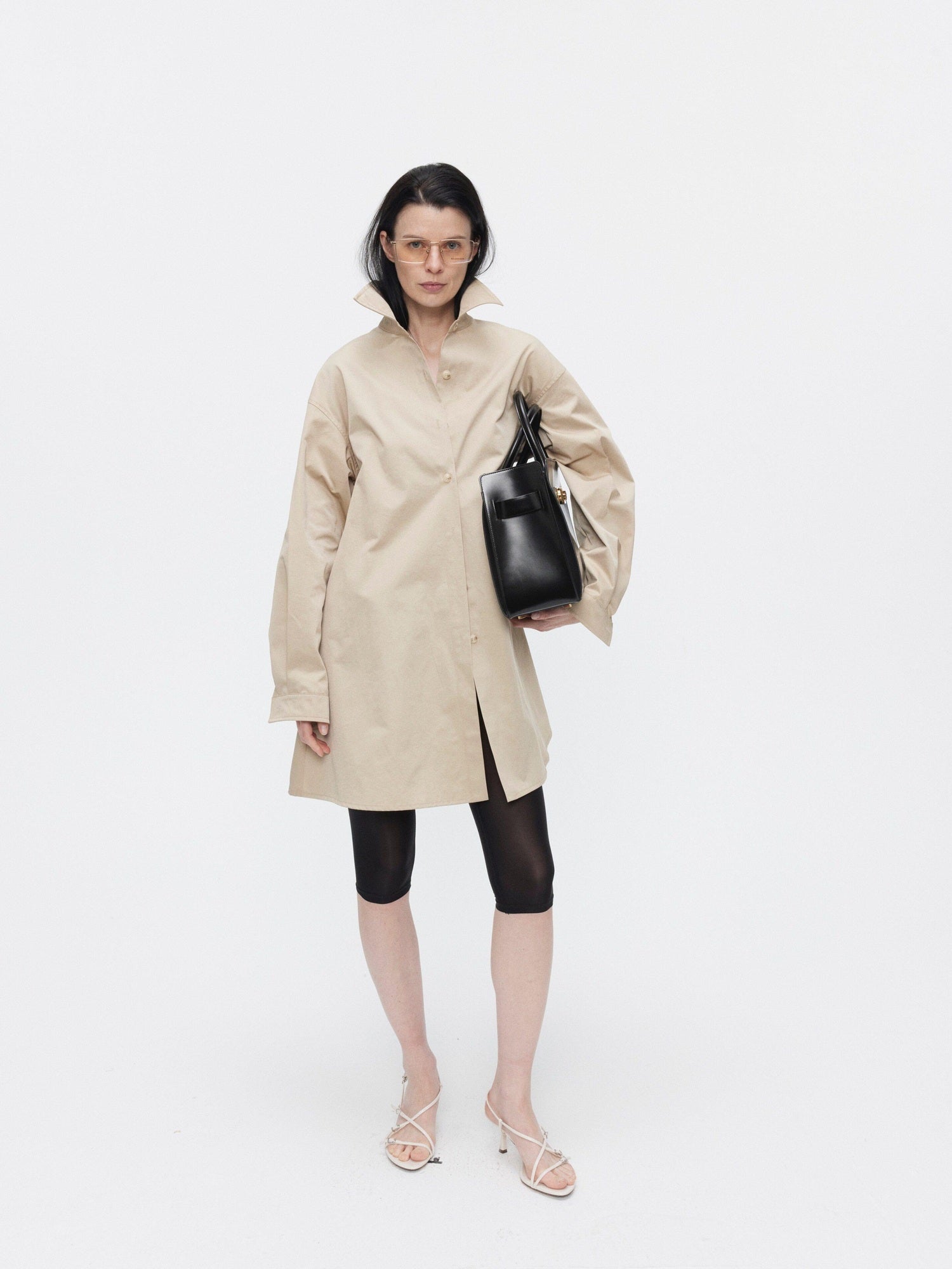 BUZHOU Slimming Minimalist Oversized Stand Collar Cotton Blend Khaki Long Women Shirts