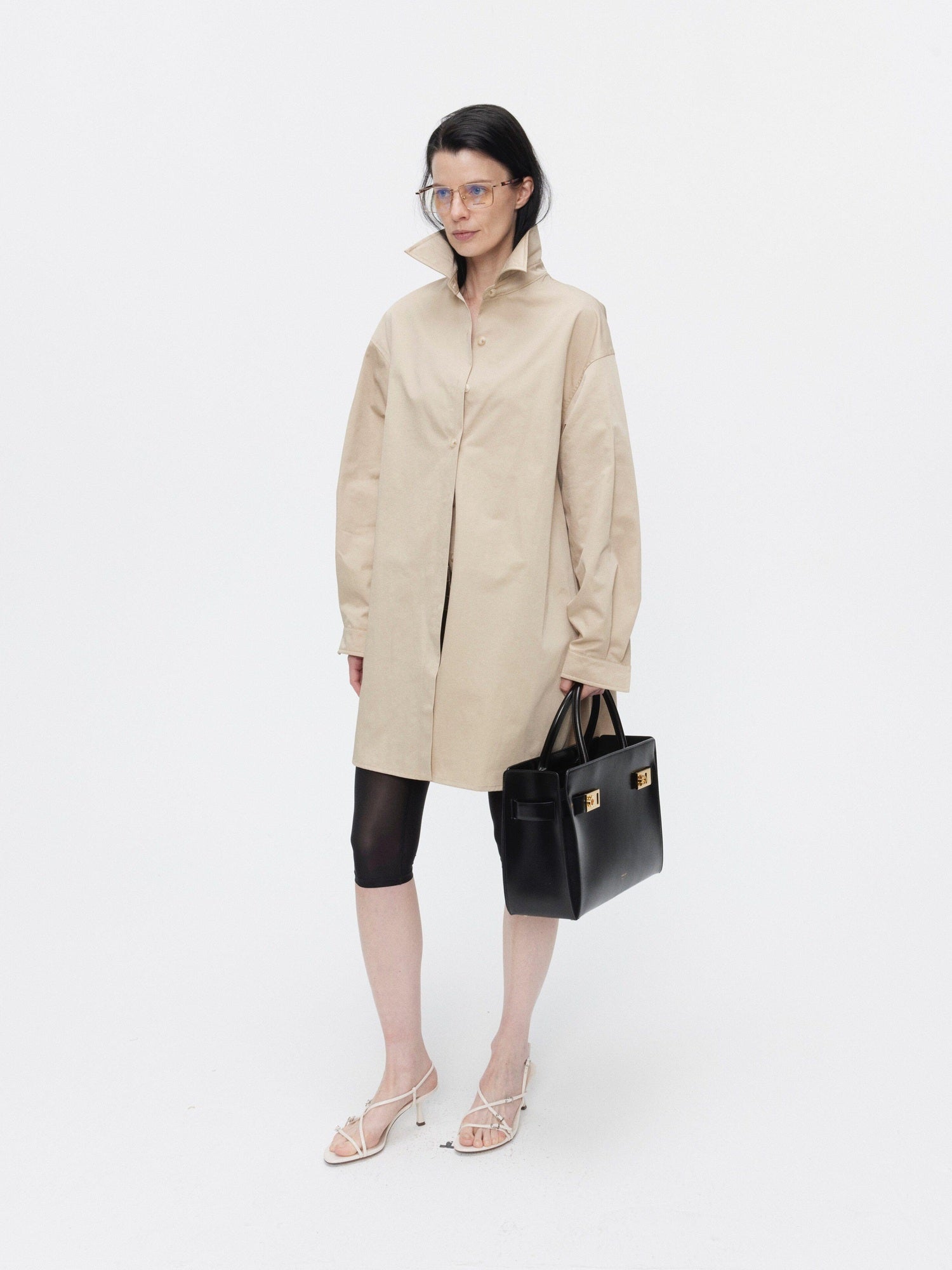 BUZHOU Slimming Minimalist Oversized Stand Collar Cotton Blend Khaki Long Women Shirts