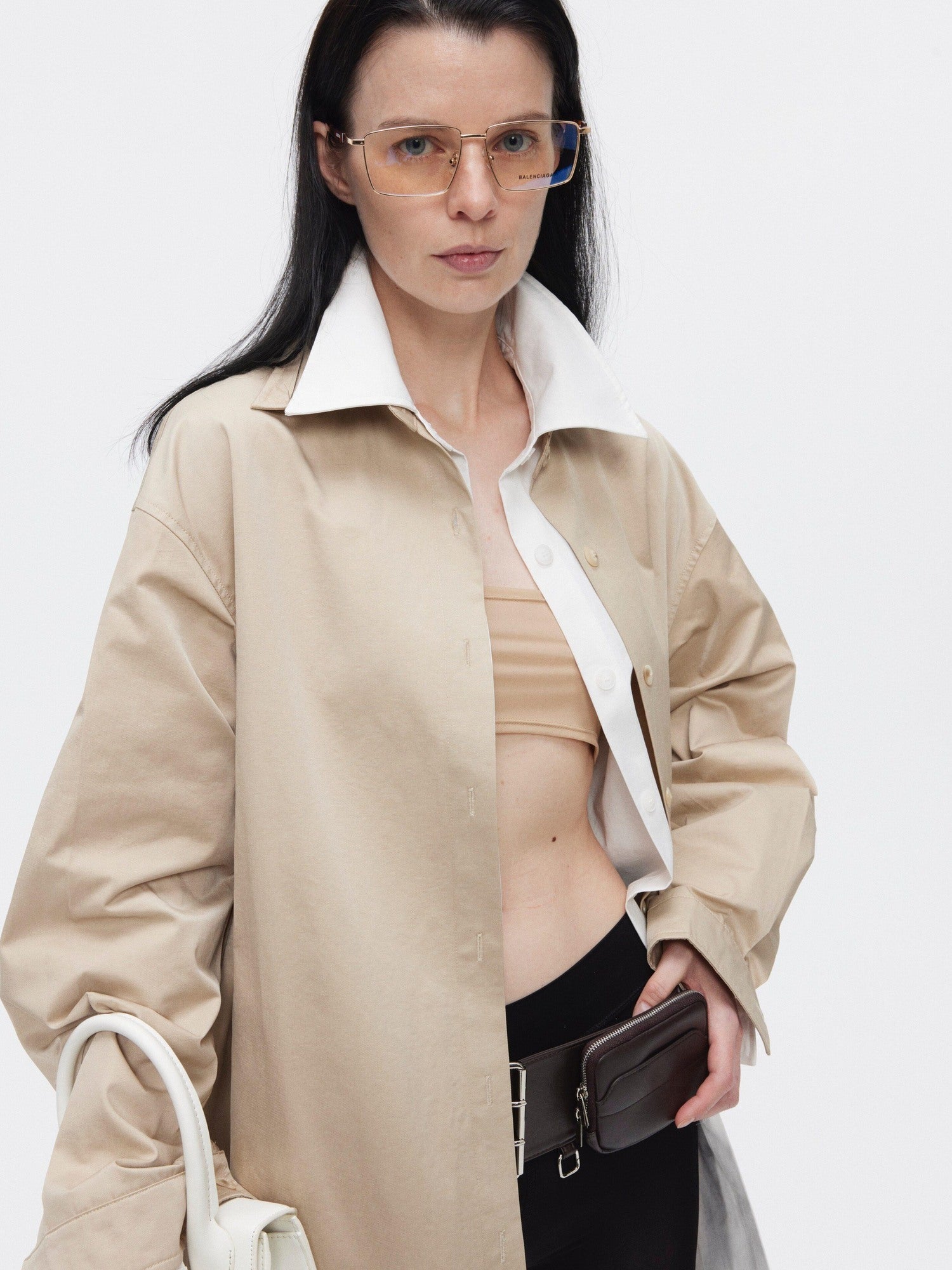 BUZHOU Slimming Minimalist Oversized Stand Collar Cotton Blend Khaki Long Women Shirts