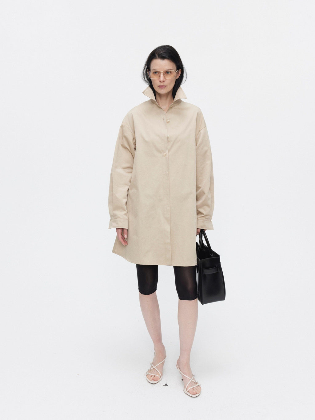 BUZHOU Slimming Minimalist Oversized Stand Collar Cotton Blend Khaki Long Women Shirts