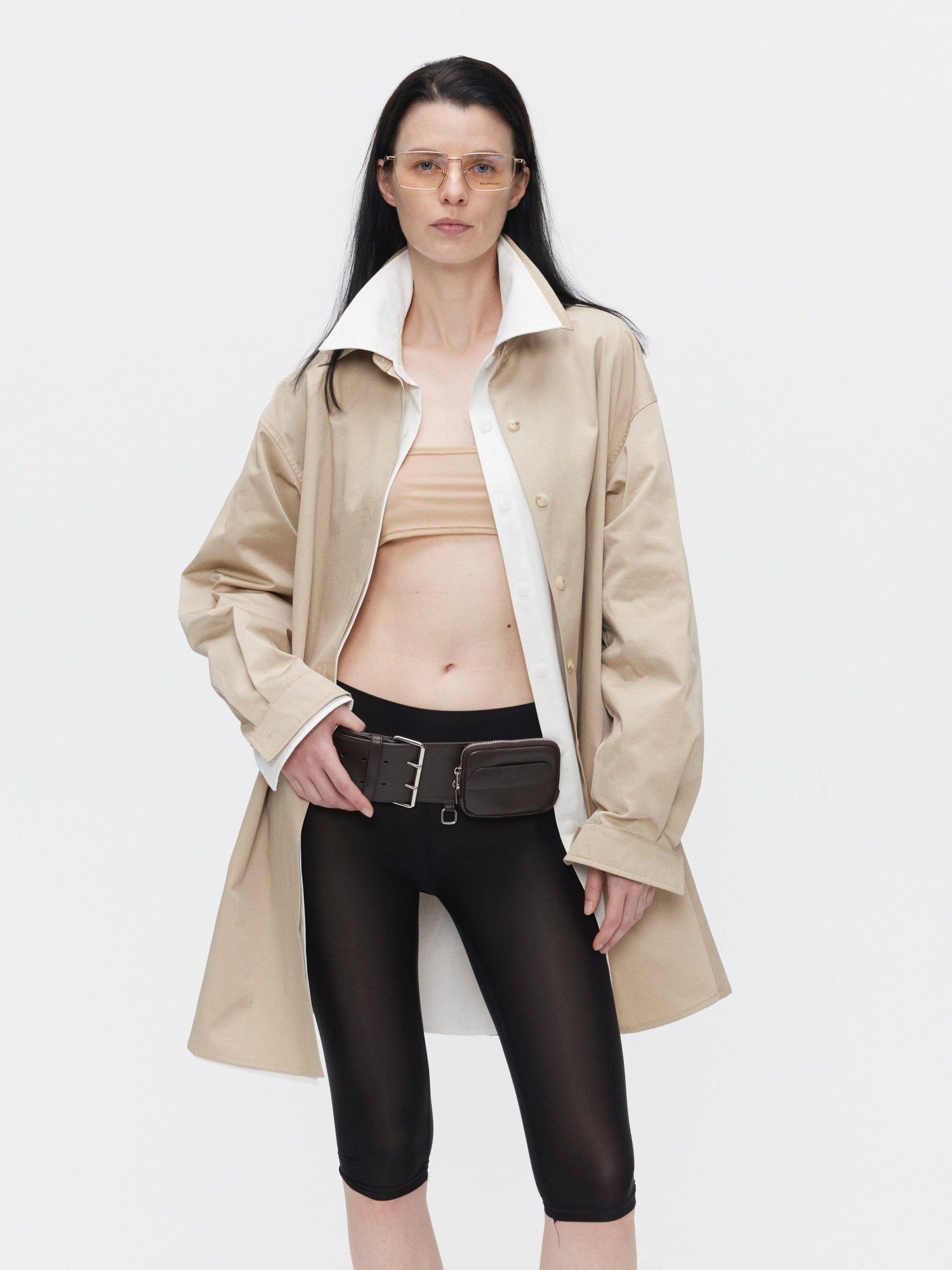 BUZHOU Slimming Minimalist Oversized Stand Collar Cotton Blend Khaki Long Women Shirts