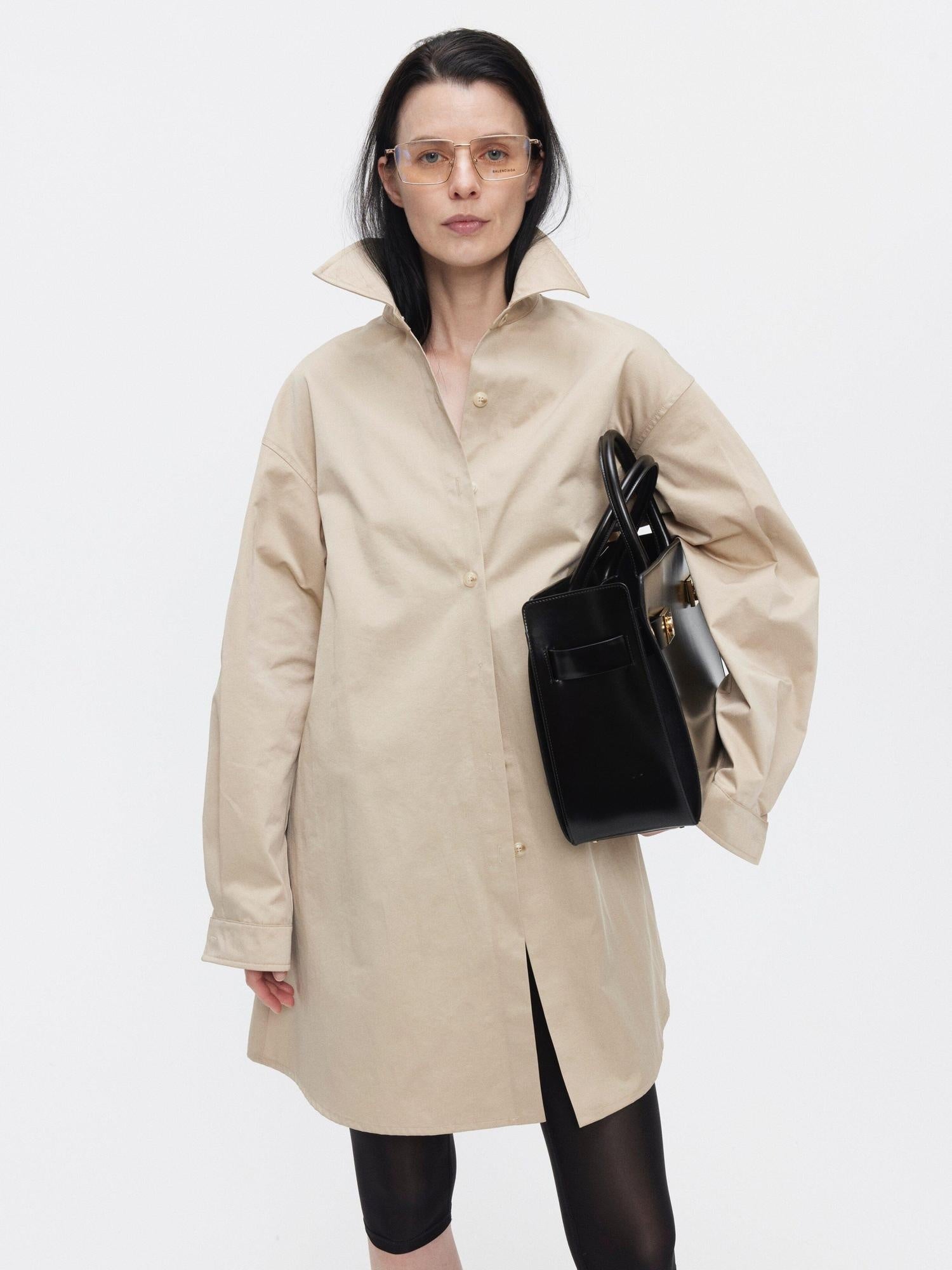 BUZHOU Slimming Minimalist Oversized Stand Collar Cotton Blend Khaki Long Women Shirts
