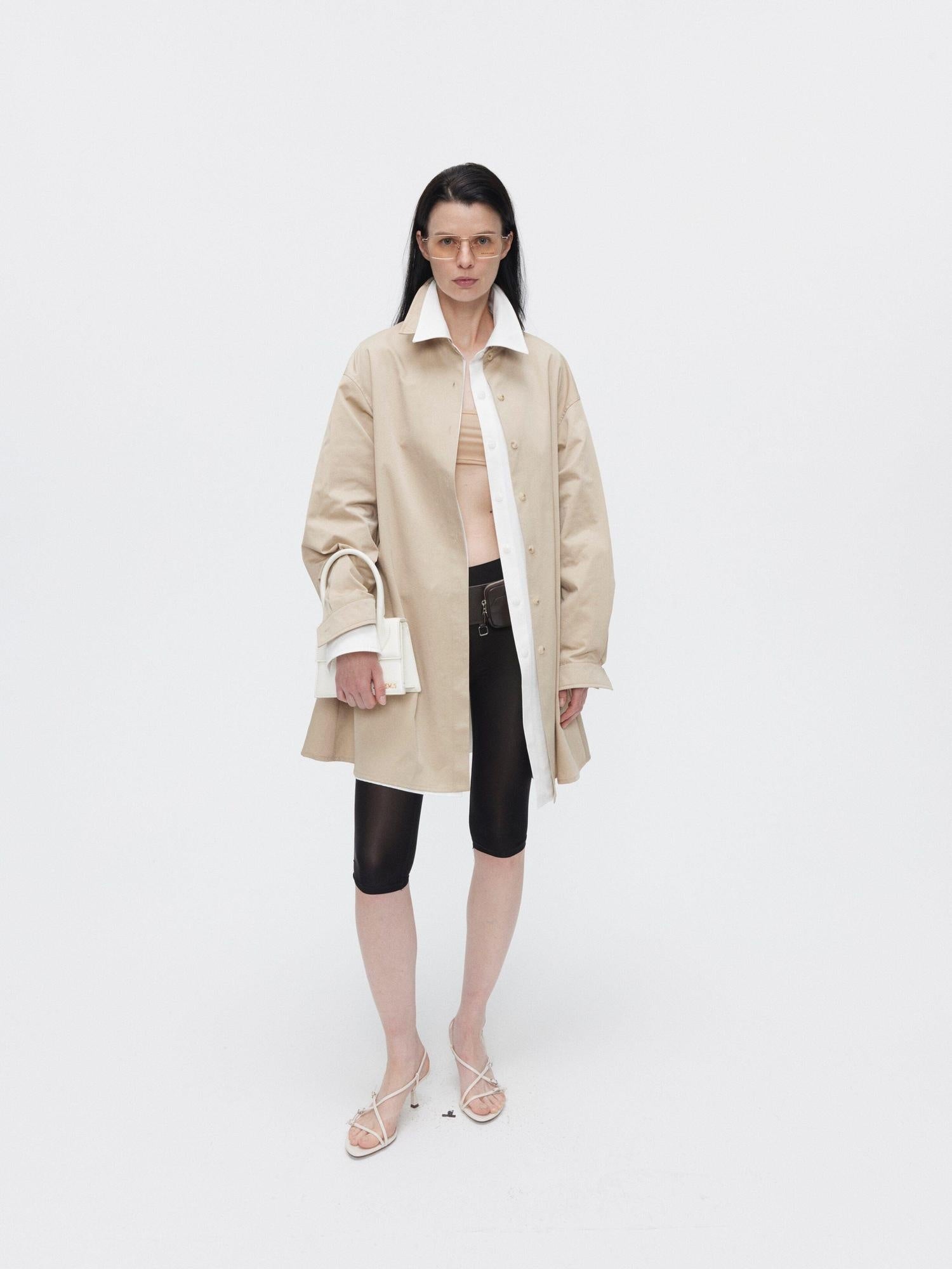 BUZHOU Slimming Minimalist Oversized Stand Collar Cotton Blend Khaki Long Women Shirts