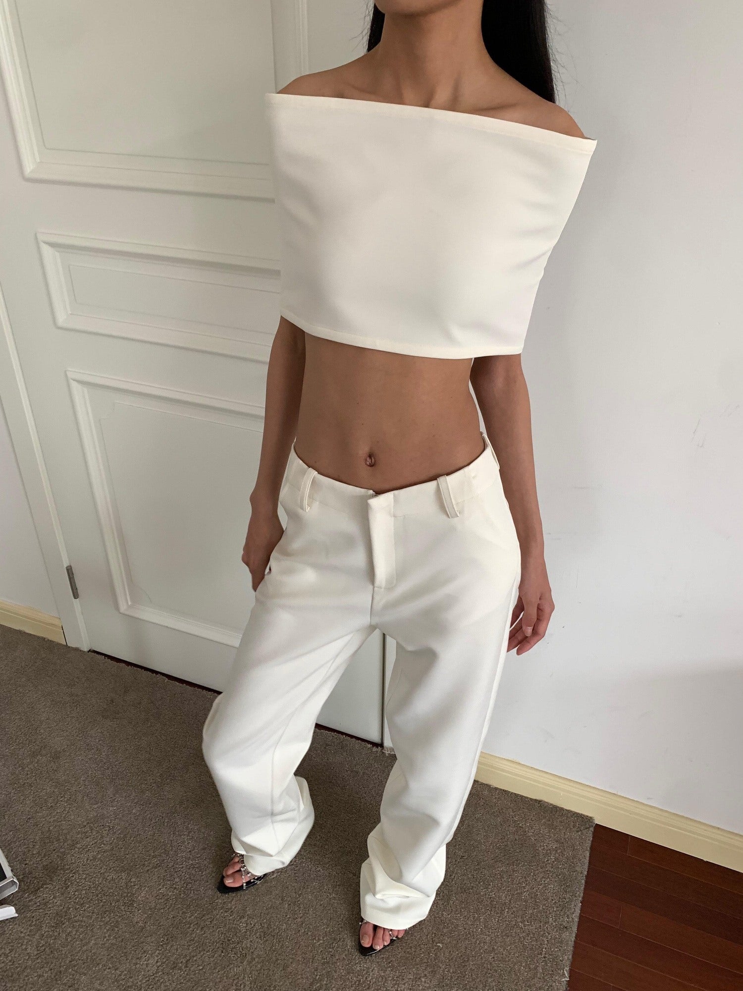 BUZHOU Soft Cotton Straight Low Waist Off Shoulder Ladies Pants Top & Pants Sets