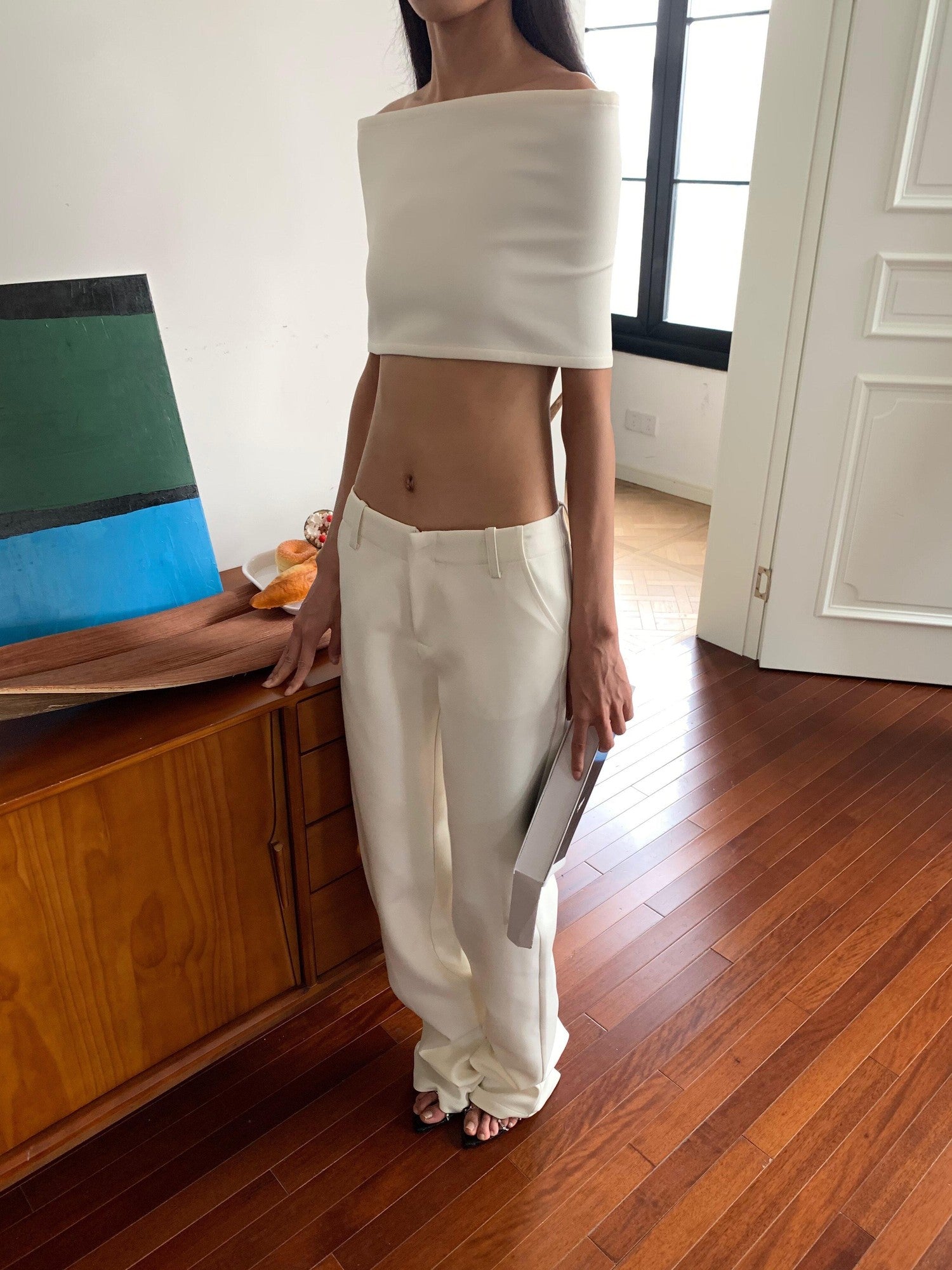 BUZHOU Soft Cotton Straight Low Waist Off Shoulder Ladies Pants Top & Pants Sets