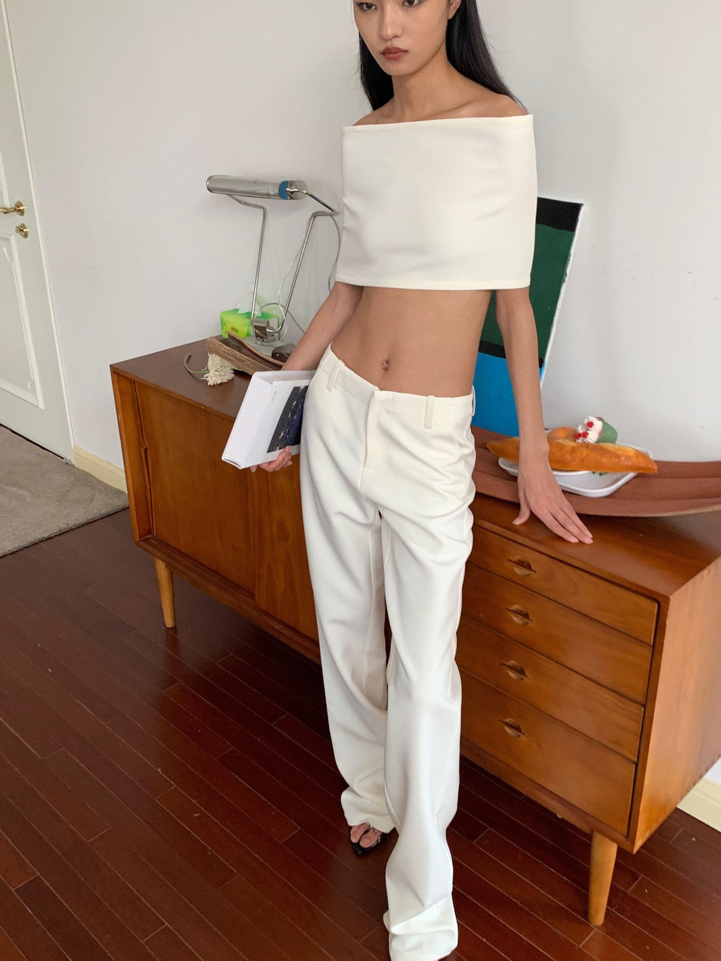 BUZHOU Soft Cotton Straight Low Waist Off Shoulder Ladies Pants Top & Pants Sets