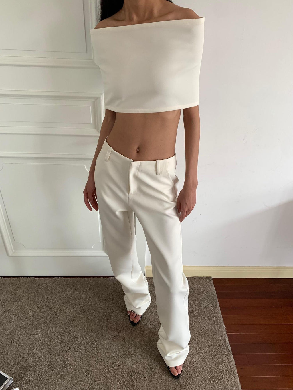 BUZHOU Soft Cotton Straight Low Waist Off Shoulder Ladies Pants Top & Pants Sets