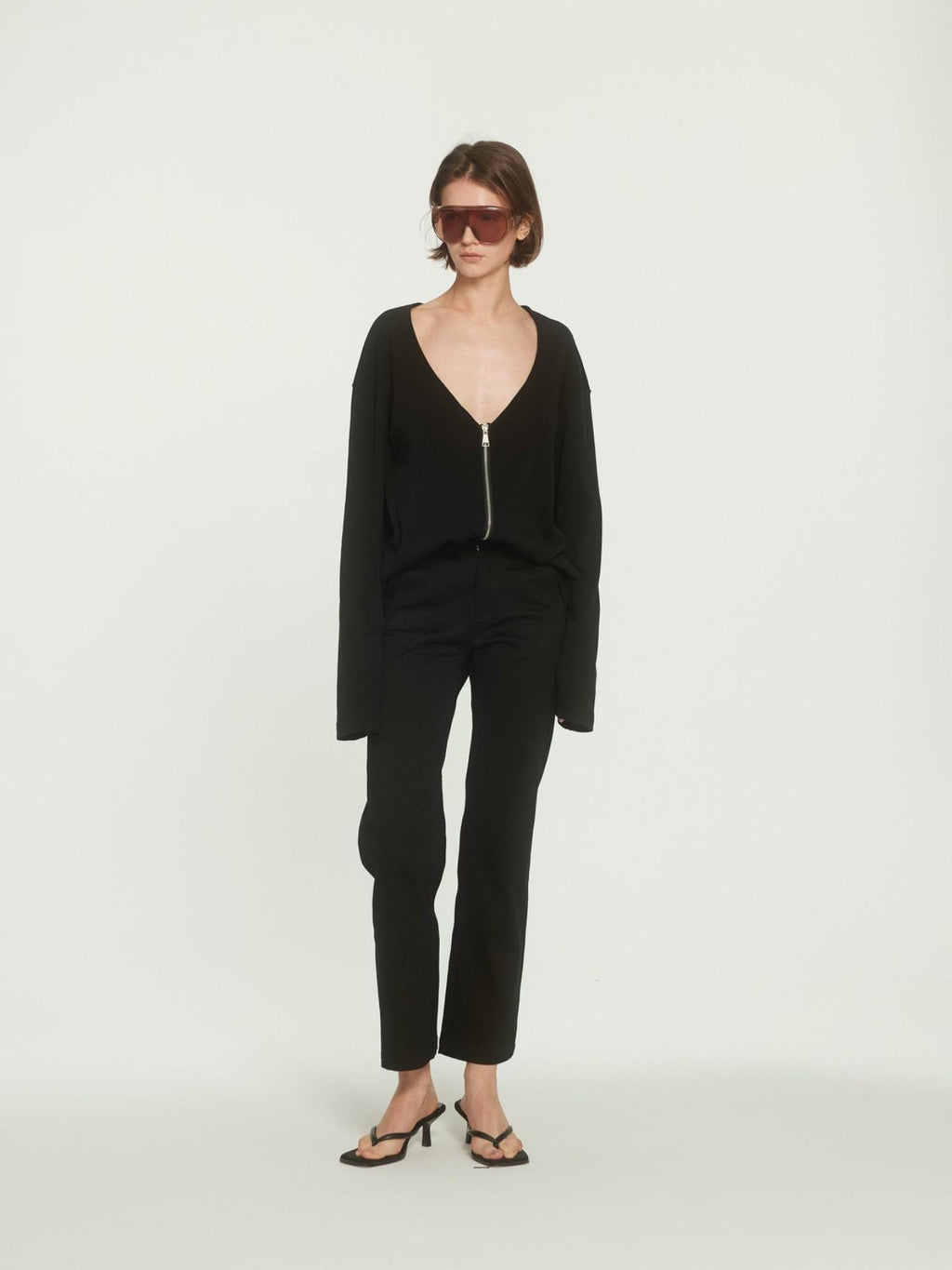 BUZHOU Soft Cotton Stretch Commuter Loose Fit Zip Black Low Neck Cardigans