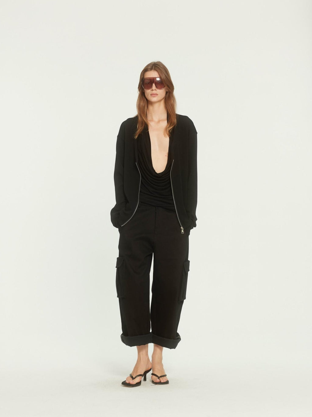 BUZHOU Soft Cotton Stretch Commuter Loose Fit Zip Black Low Neck Cardigans