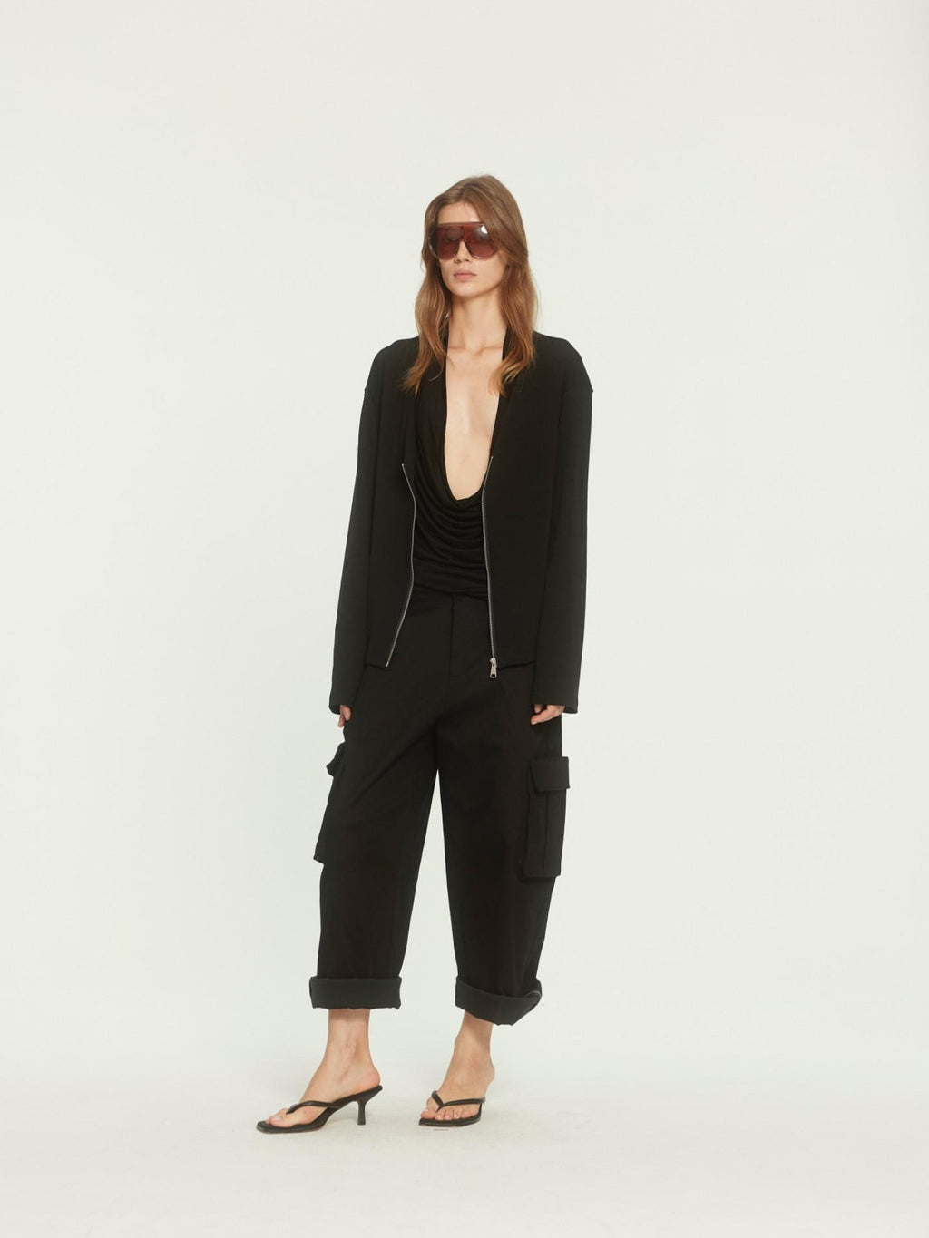BUZHOU Soft Cotton Stretch Commuter Loose Fit Zip Black Low Neck Cardigans