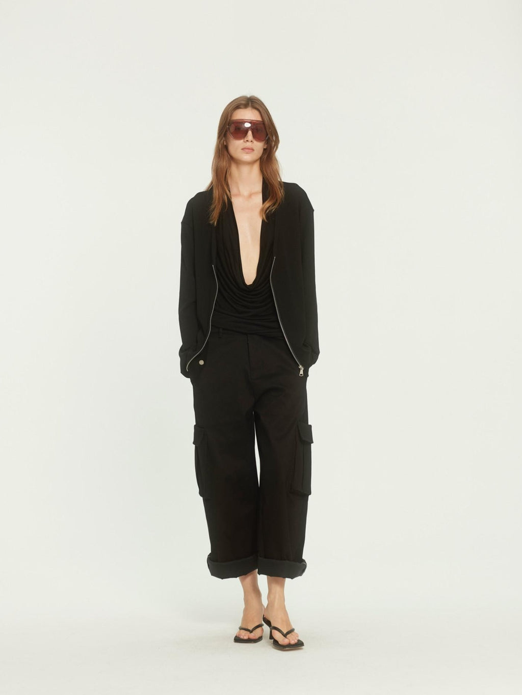 BUZHOU Soft Cotton Stretch Commuter Loose Fit Zip Black Low Neck Cardigans
