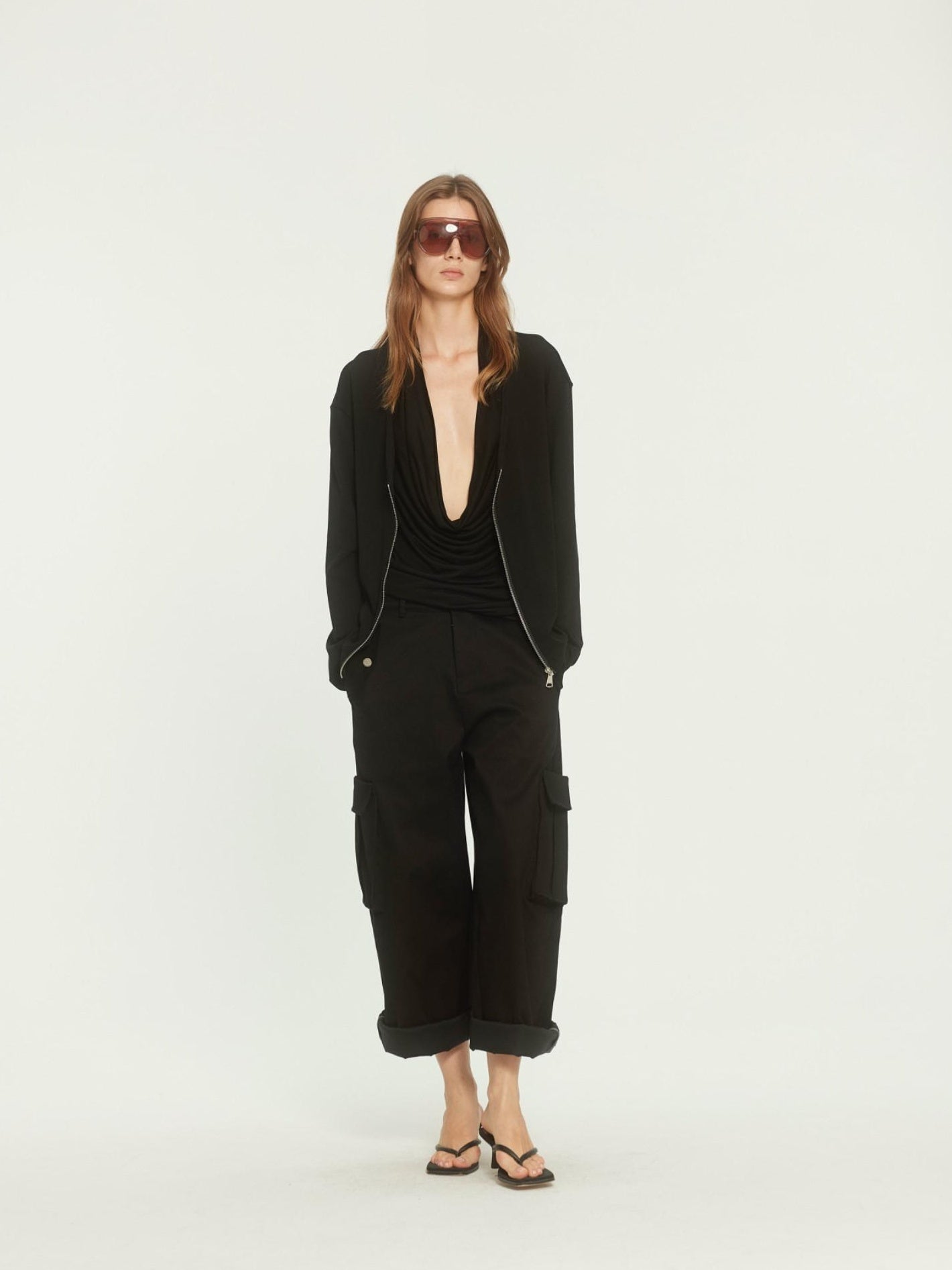 BUZHOU Soft Cotton Stretch Commuter Loose Fit Zip Black Low Neck Cardigans