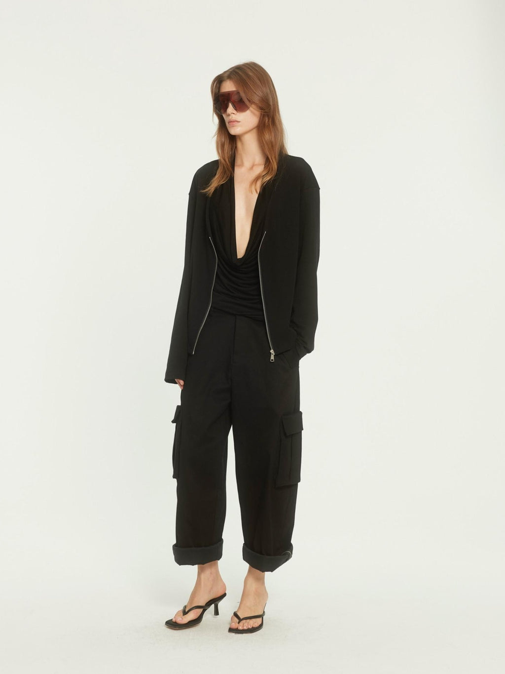 BUZHOU Soft Cotton Stretch Commuter Loose Fit Zip Black Low Neck Cardigans