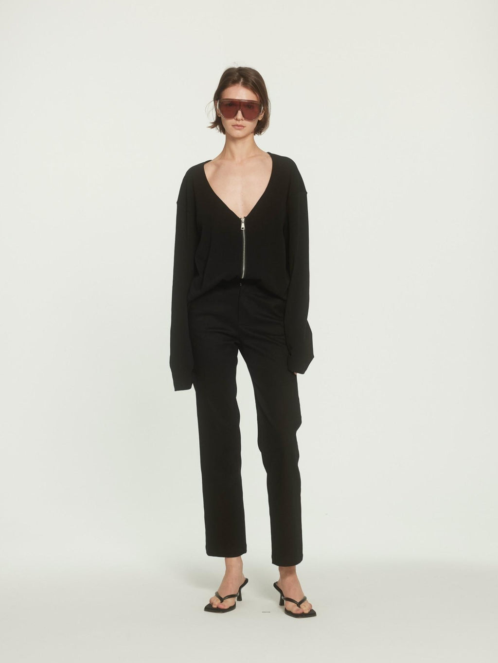 BUZHOU Soft Cotton Stretch Commuter Loose Fit Zip Black Low Neck Cardigans