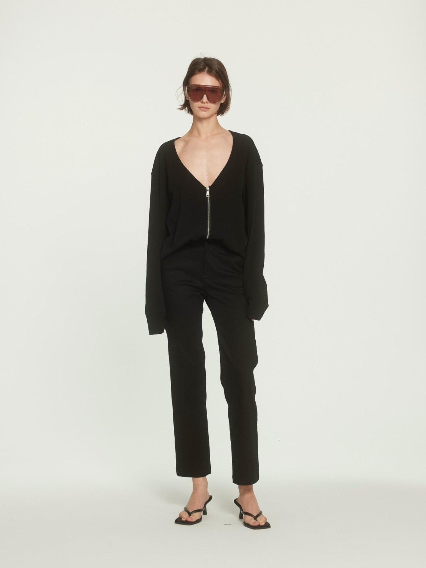 BUZHOU Soft Cotton Stretch Commuter Loose Fit Zip Black Low Neck Cardigans