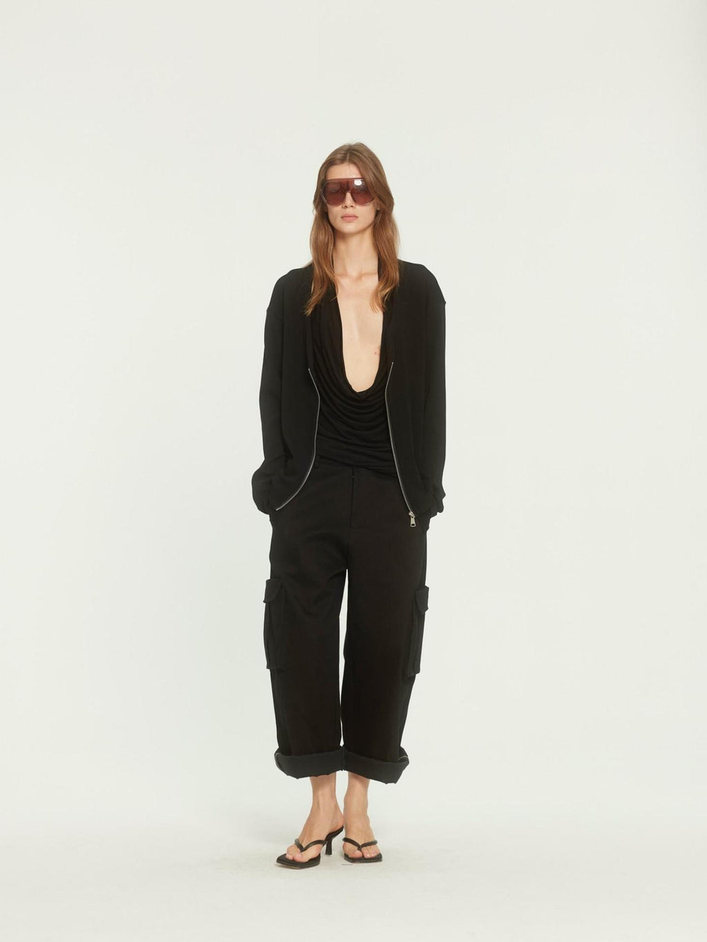 BUZHOU Soft Cotton Stretch Commuter Loose Fit Zip Black Low Neck Cardigans
