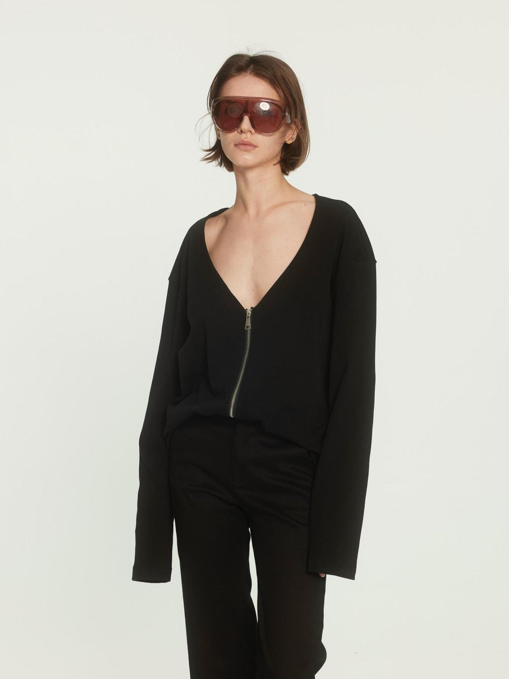 BUZHOU Soft Cotton Stretch Commuter Loose Fit Zip Black Low Neck Cardigans