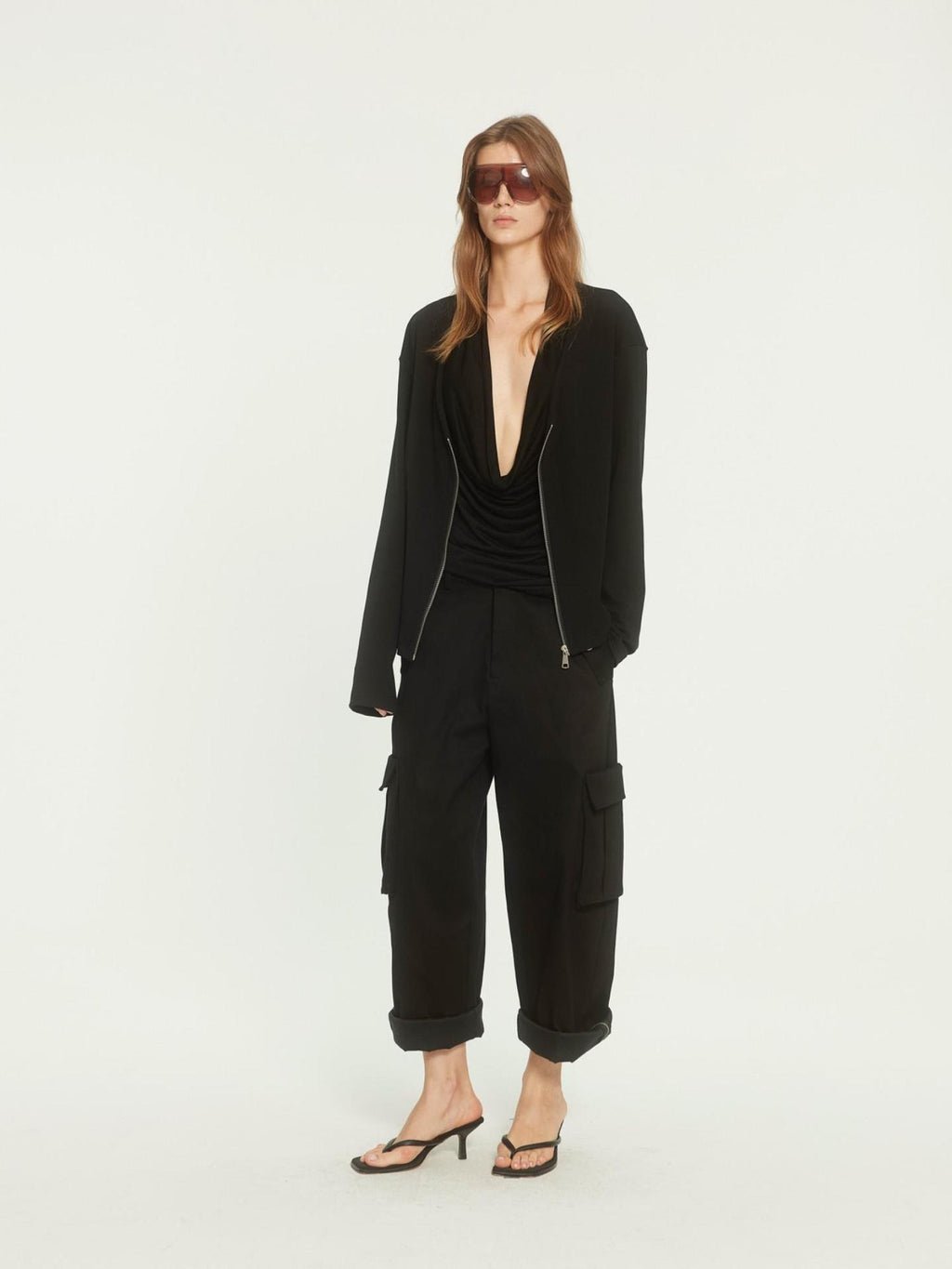 BUZHOU Soft Cotton Stretch Commuter Loose Fit Zip Black Low Neck Cardigans