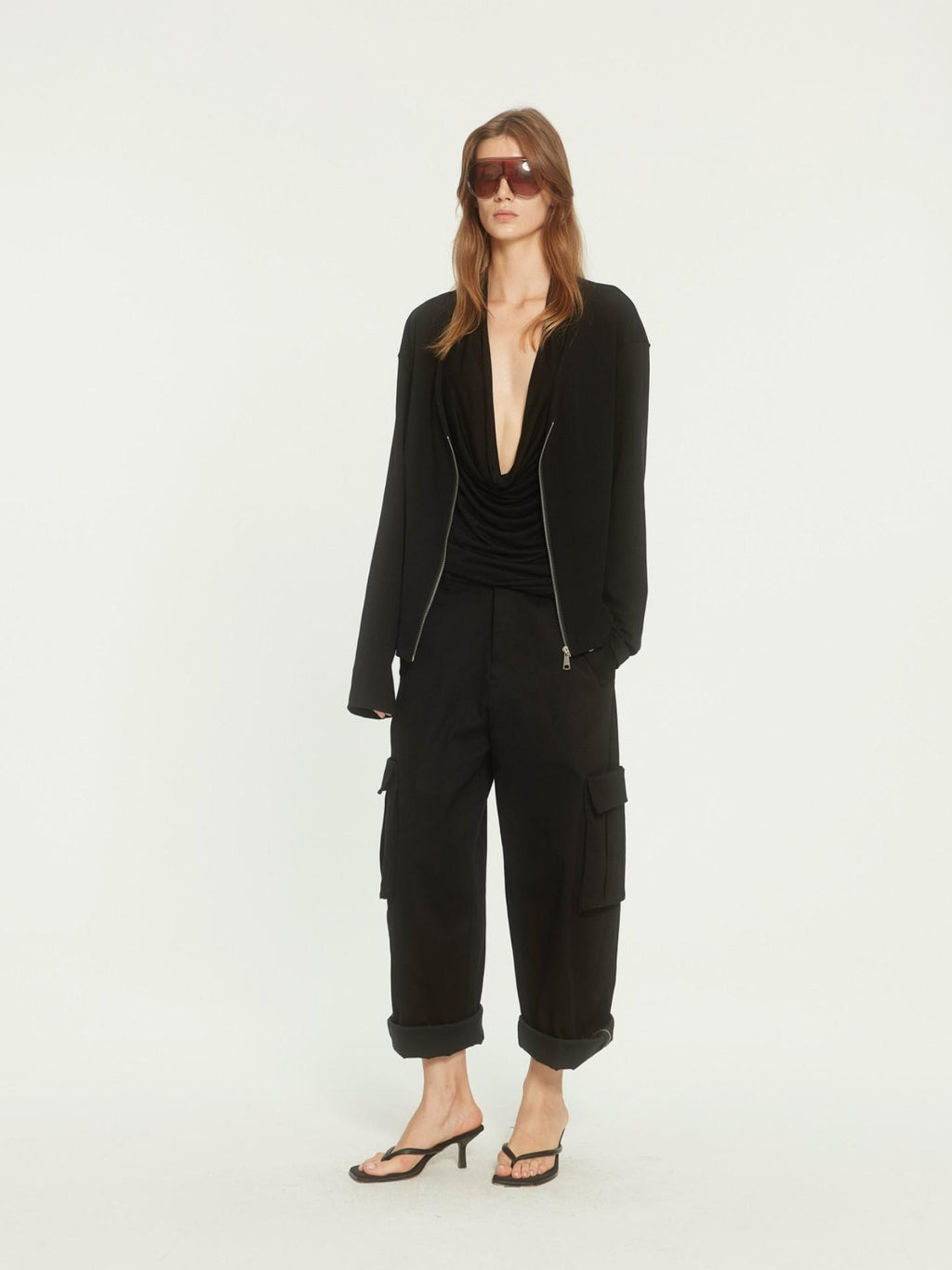 BUZHOU Soft Cotton Stretch Commuter Loose Fit Zip Black Low Neck Cardigans
