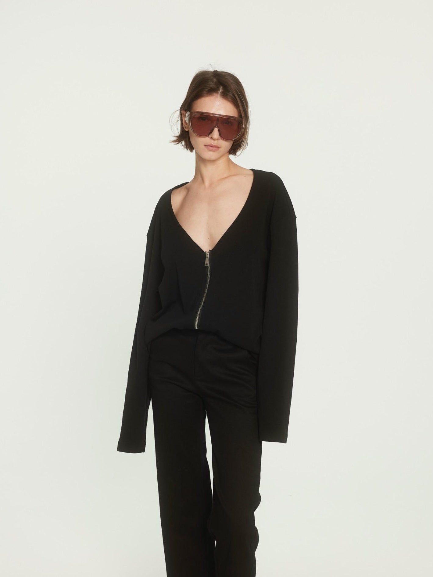 BUZHOU Soft Cotton Stretch Commuter Loose Fit Zip Black Low Neck Cardigans
