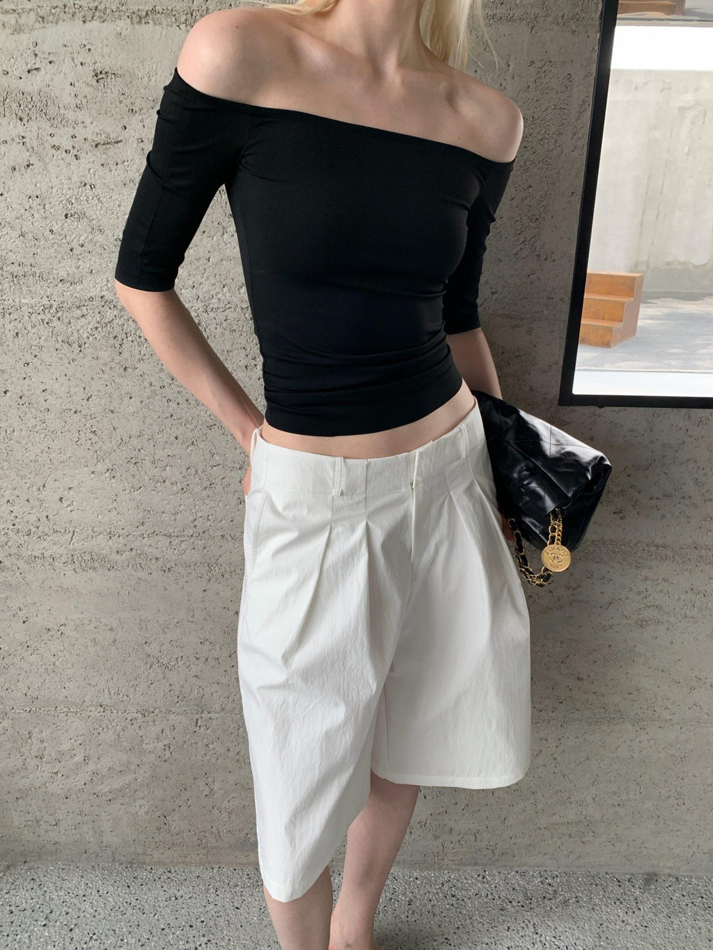 BUZHOU Soft Stretch Cotton Cleanfit Slim Mid Sleeve Women Black Off Shoulder Crop Tops