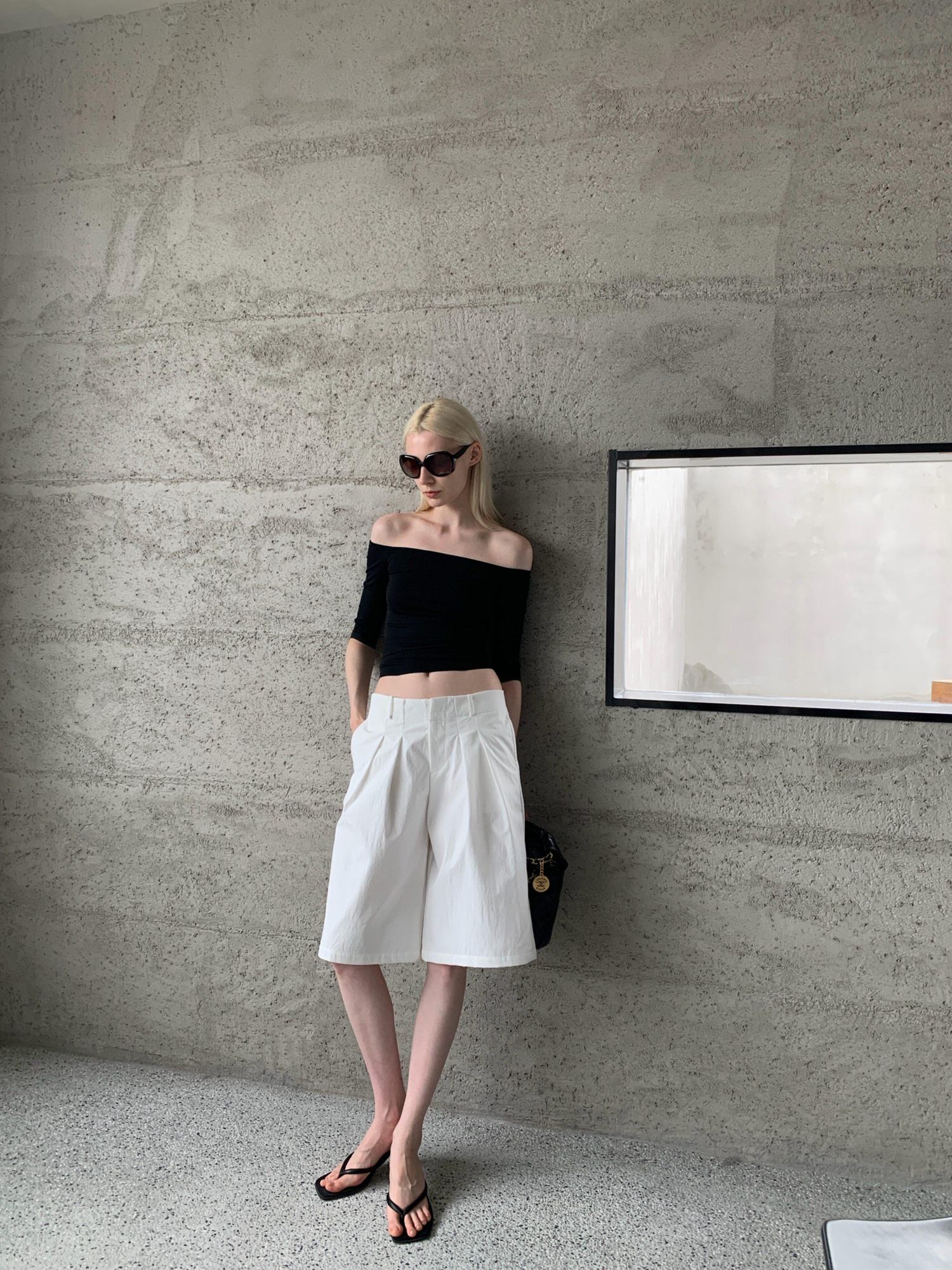 BUZHOU Soft Stretch Cotton Cleanfit Slim Mid Sleeve Women Black Off Shoulder Crop Tops