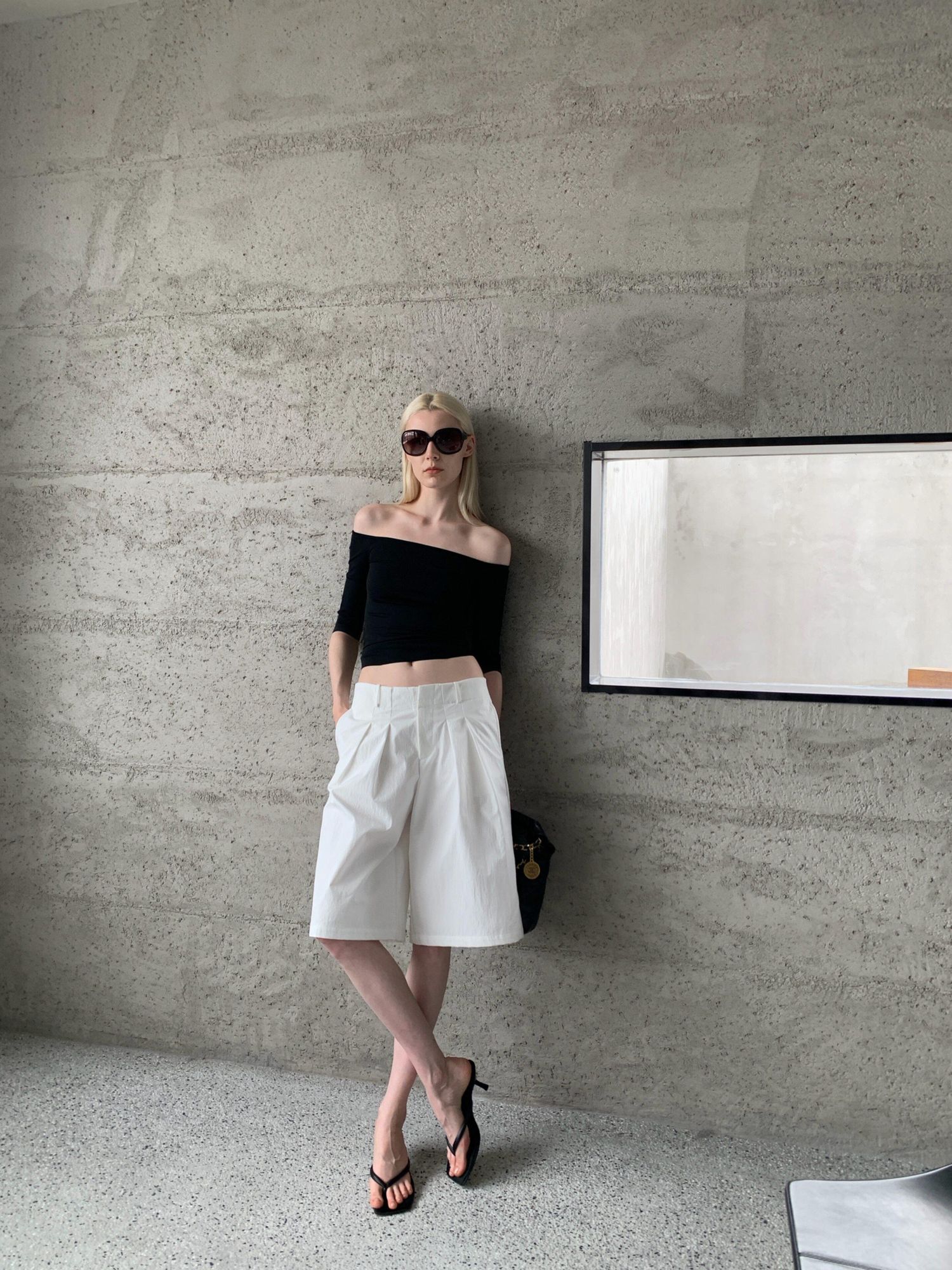 BUZHOU Soft Stretch Cotton Cleanfit Slim Mid Sleeve Women Black Off Shoulder Crop Tops