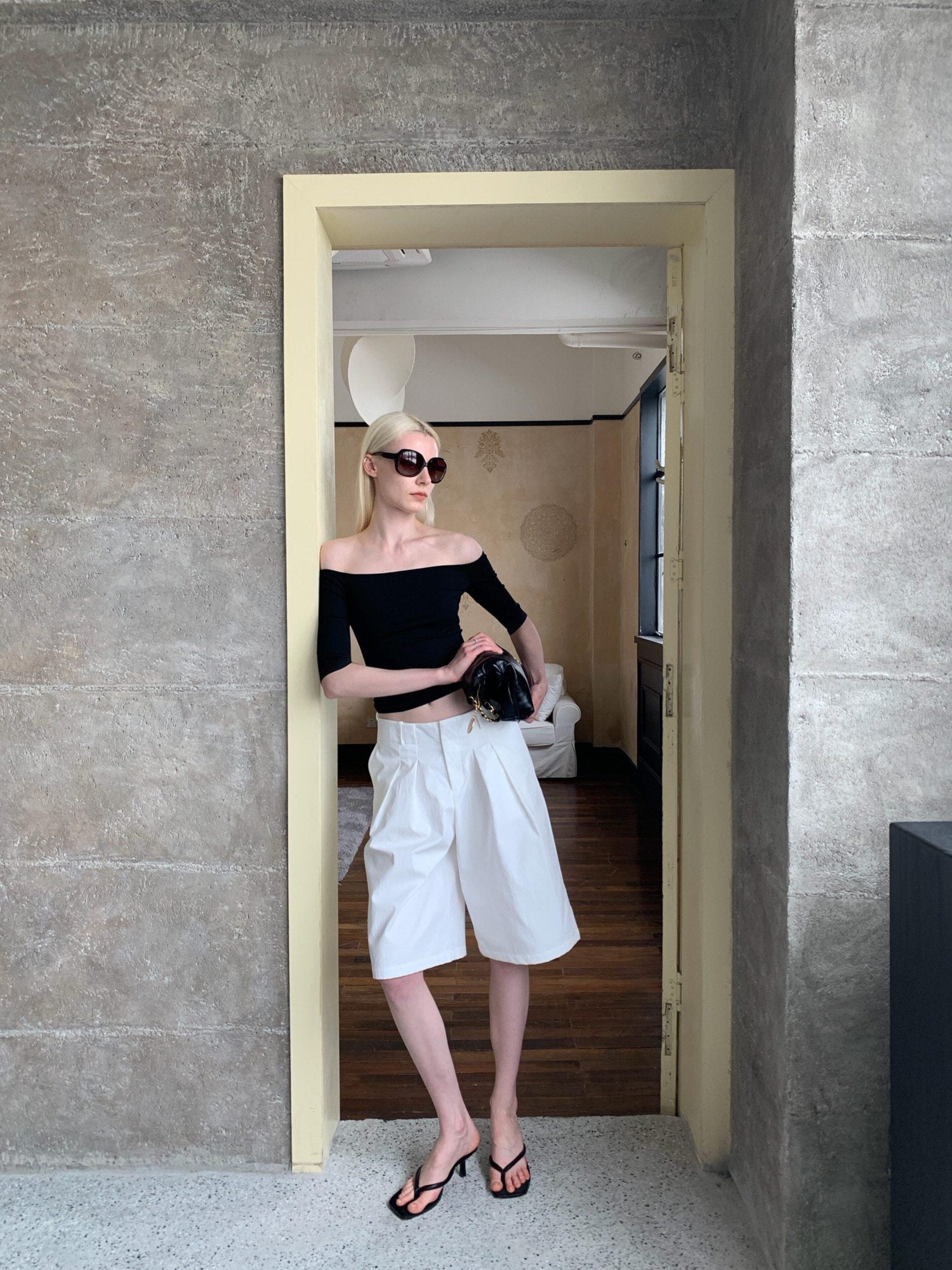BUZHOU Soft Stretch Cotton Cleanfit Slim Mid Sleeve Women Black Off Shoulder Crop Tops
