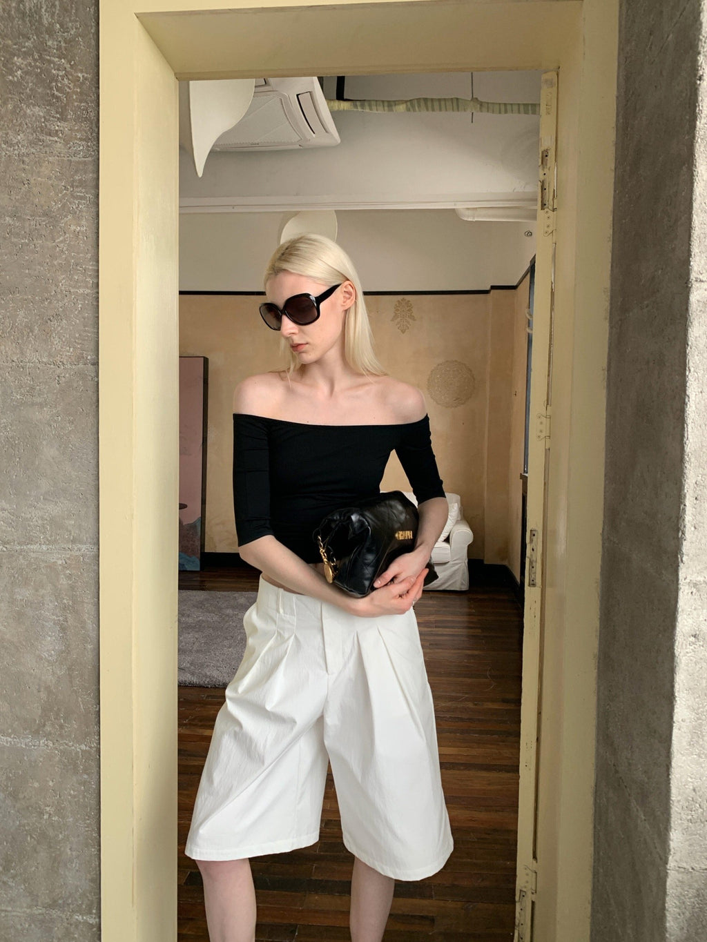 BUZHOU Soft Stretch Cotton Cleanfit Slim Mid Sleeve Women Black Off Shoulder Crop Tops