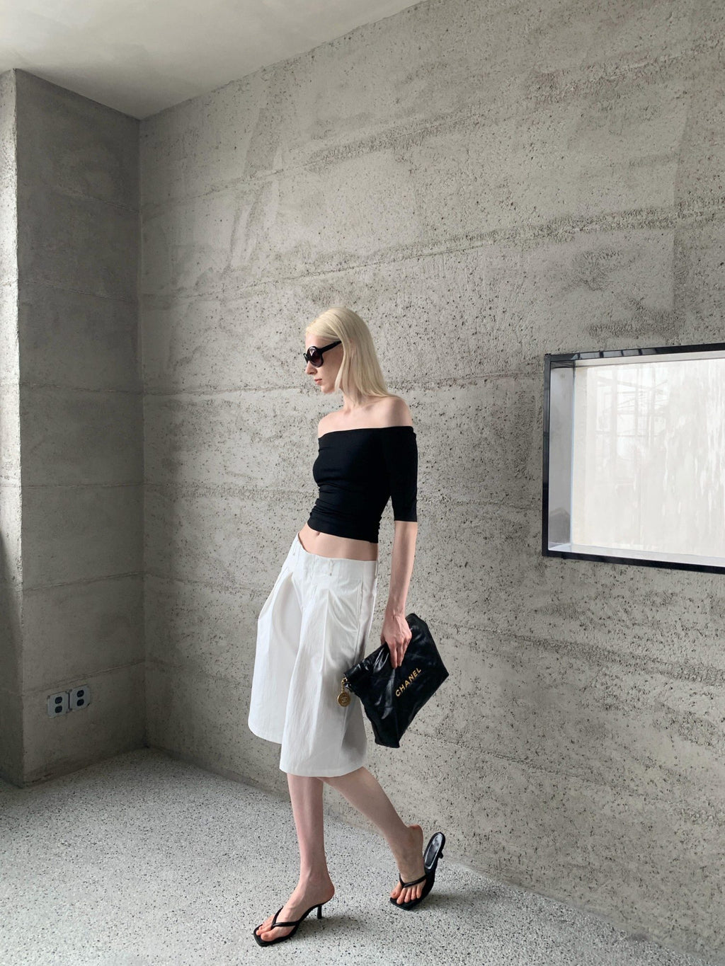 BUZHOU Soft Stretch Cotton Cleanfit Slim Mid Sleeve Women Black Off Shoulder Crop Tops