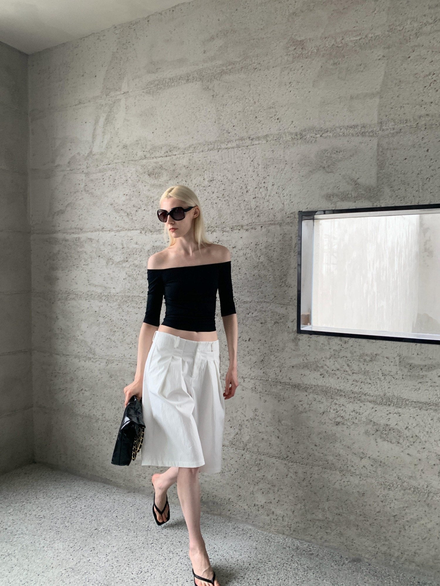 BUZHOU Soft Stretch Cotton Cleanfit Slim Mid Sleeve Women Black Off Shoulder Crop Tops
