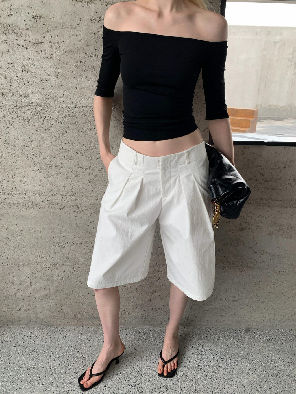 BUZHOU Soft Stretch Cotton Cleanfit Slim Mid Sleeve Women Black Off Shoulder Crop Tops
