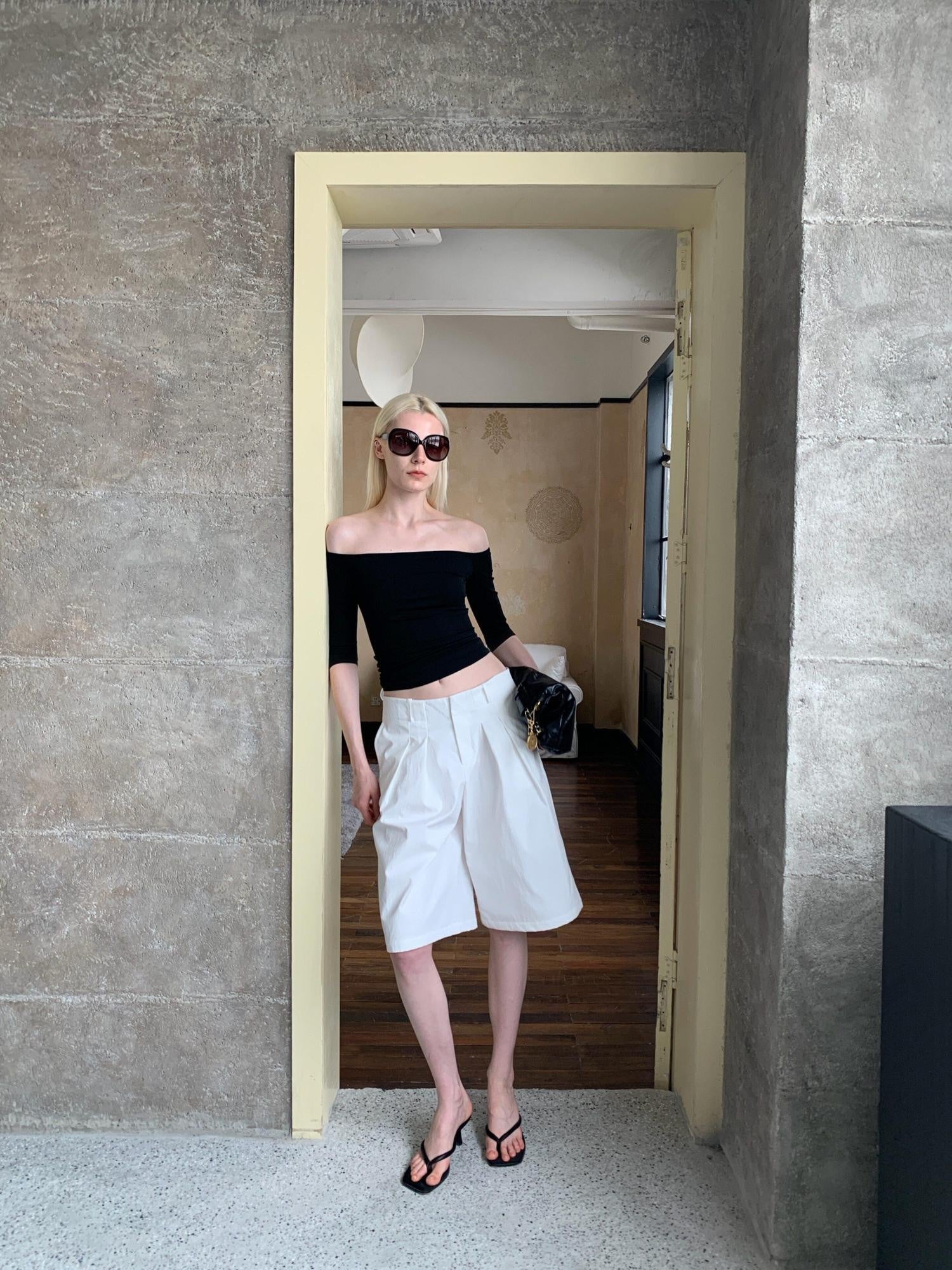 BUZHOU Soft Stretch Cotton Cleanfit Slim Mid Sleeve Women Black Off Shoulder Crop Tops