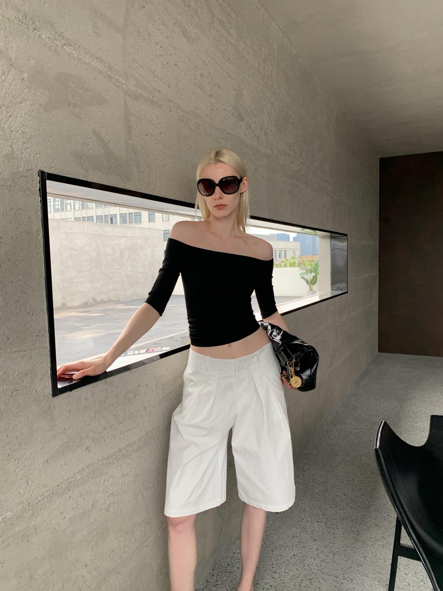 BUZHOU Soft Stretch Cotton Cleanfit Slim Mid Sleeve Women Black Off Shoulder Crop Tops