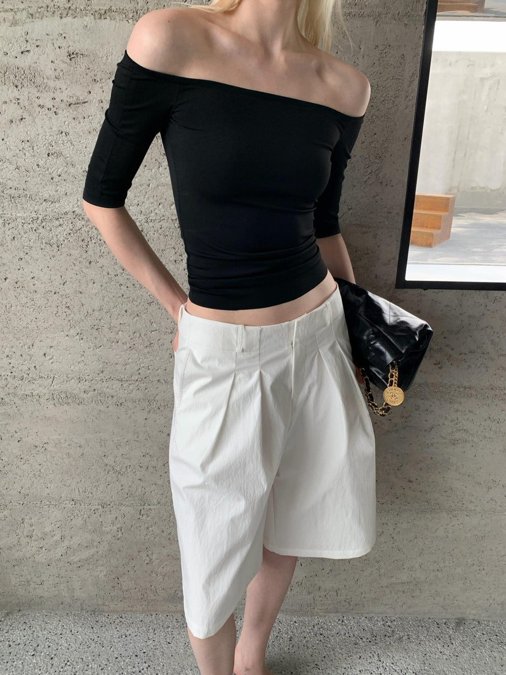 BUZHOU Soft Stretch Cotton Cleanfit Slim Mid Sleeve Women Black Off Shoulder Crop Tops